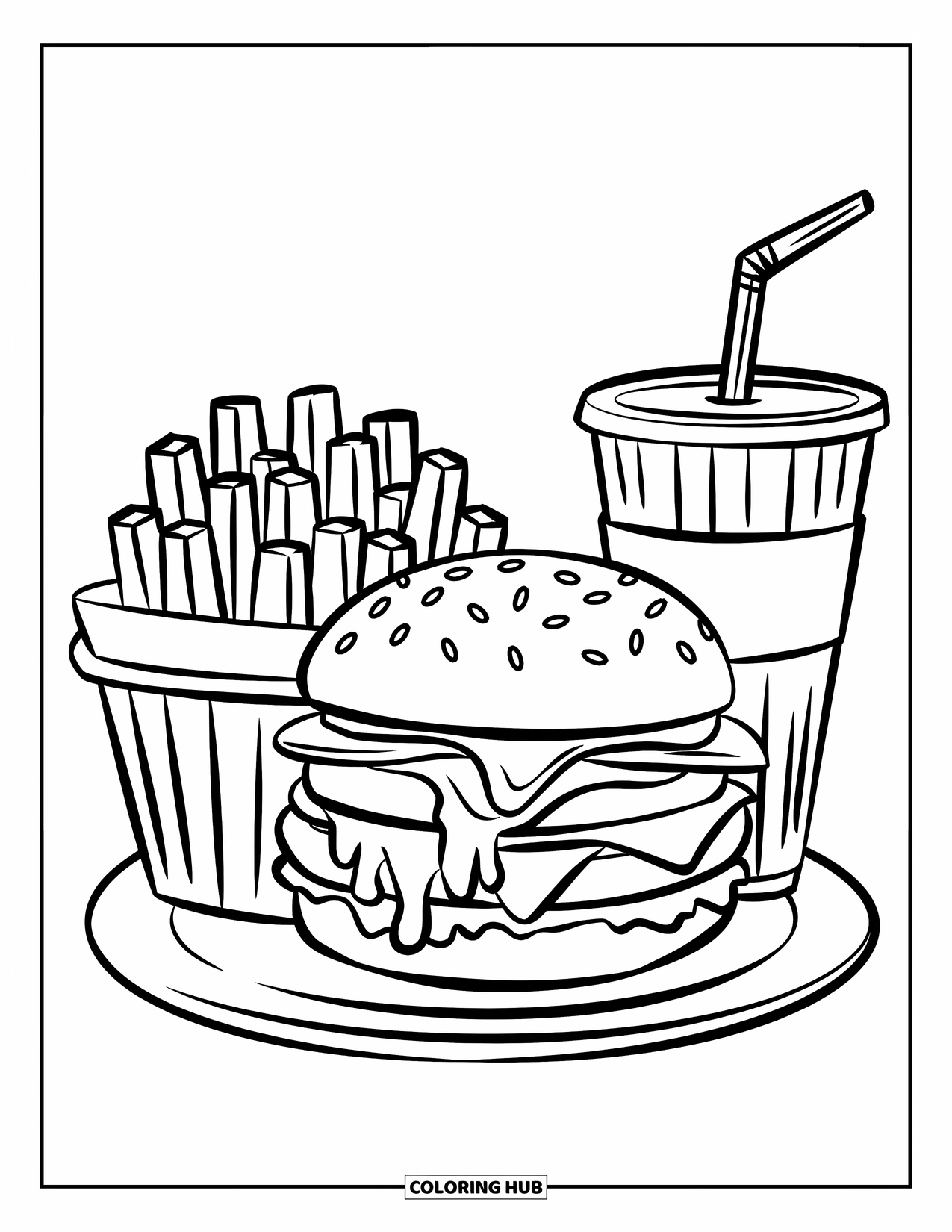 Burger Kleurplaat voor Kinderen: Een lachende burger met gesmolten kaas, knapperige frietjes en een drankje