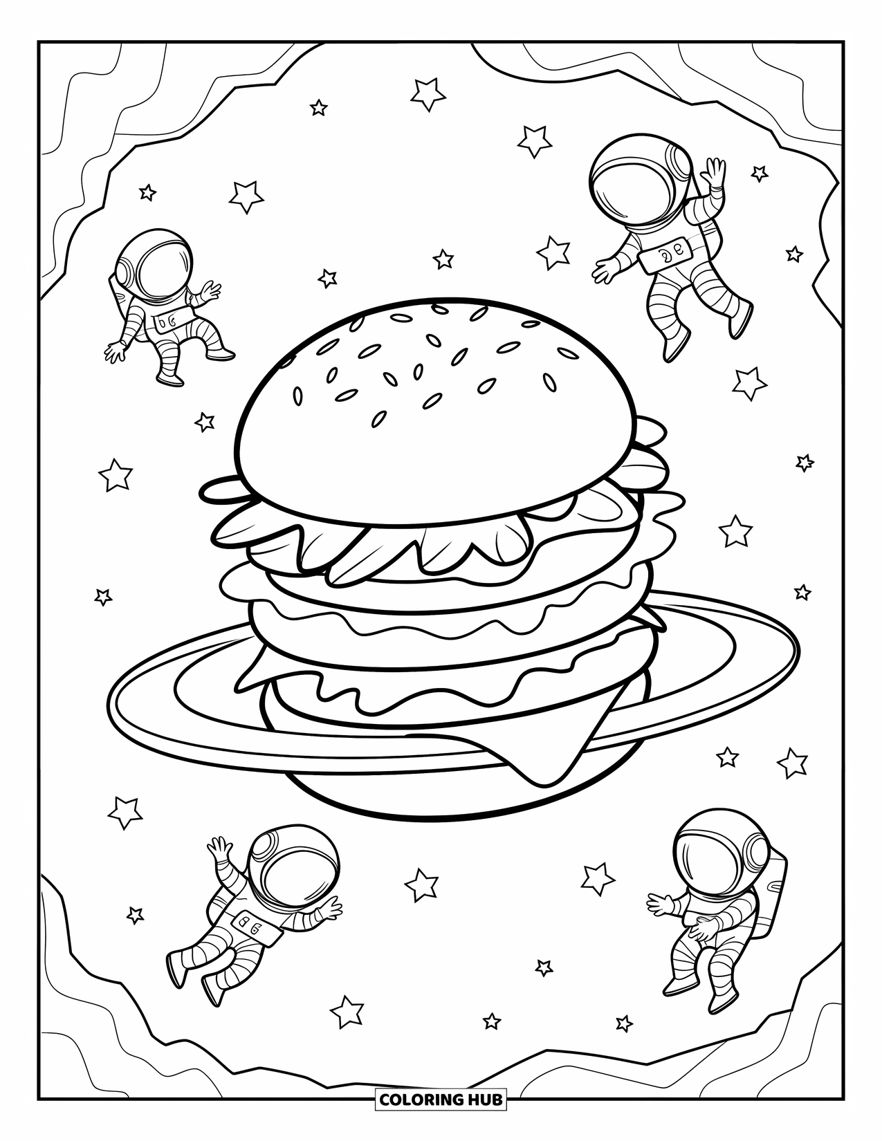Burger Kleurplaat voor Kinderen: Een ruimte-thema stapel burgers omringd door zwevende astronauten