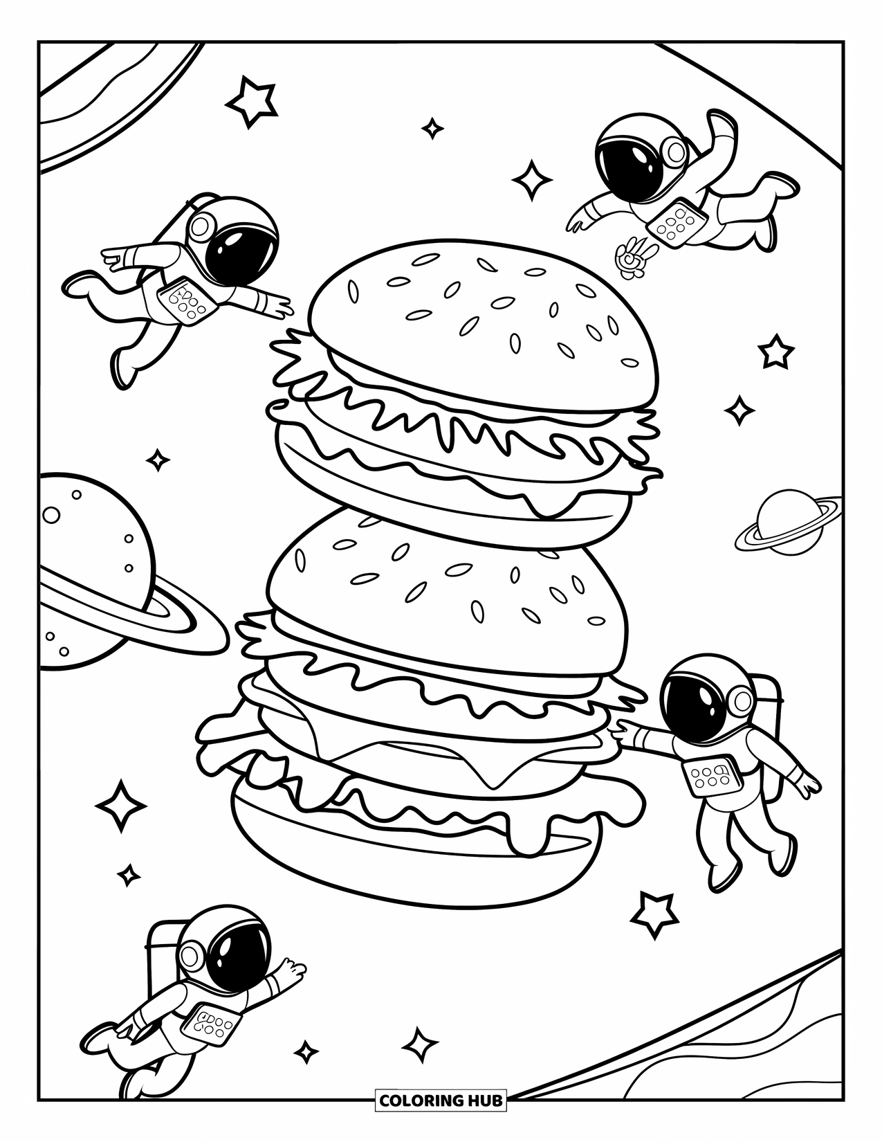 Burger Kleurplaat voor Kinderen: Een stapel burgers die in de ruimte zweeft, met kleine astronauten die ze proberen te pakken