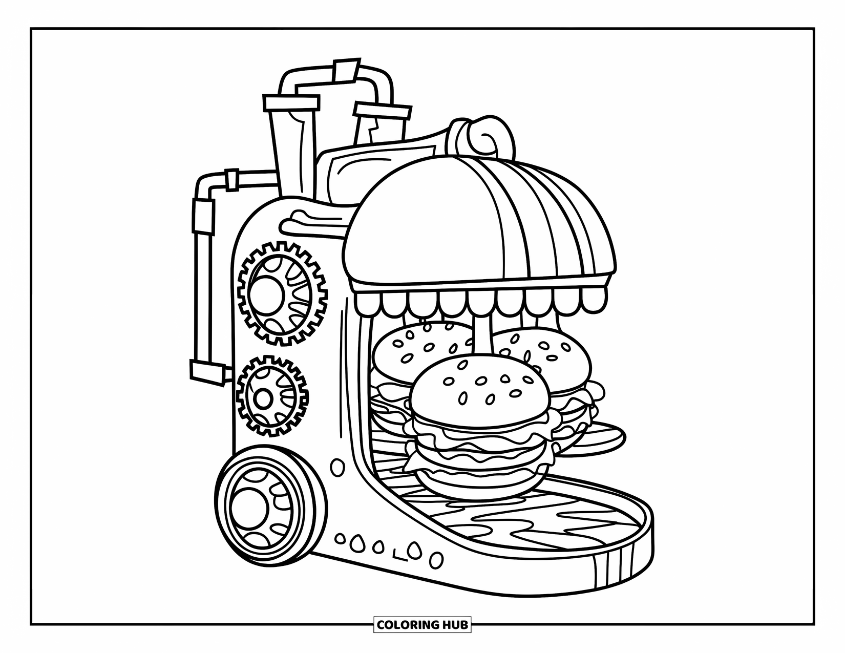 Burger Kleurplaat voor Kinderen: Een steampunk-stijl burgermachine die warme en knetterende burgers serveert