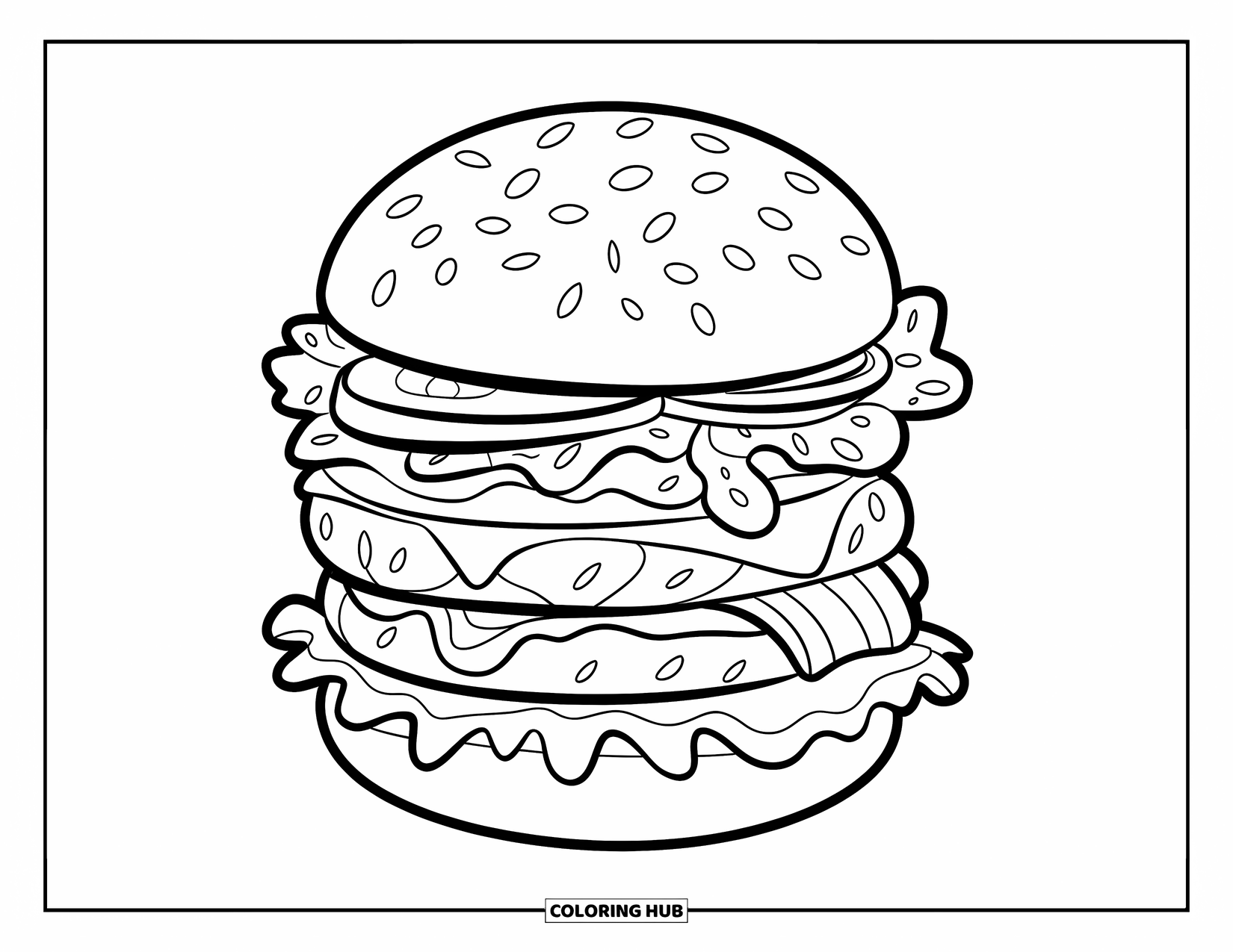 Burger Kleurplaat voor Kinderen: Een super gestapelde burger met lagen kaas, tomaat, sla en spek