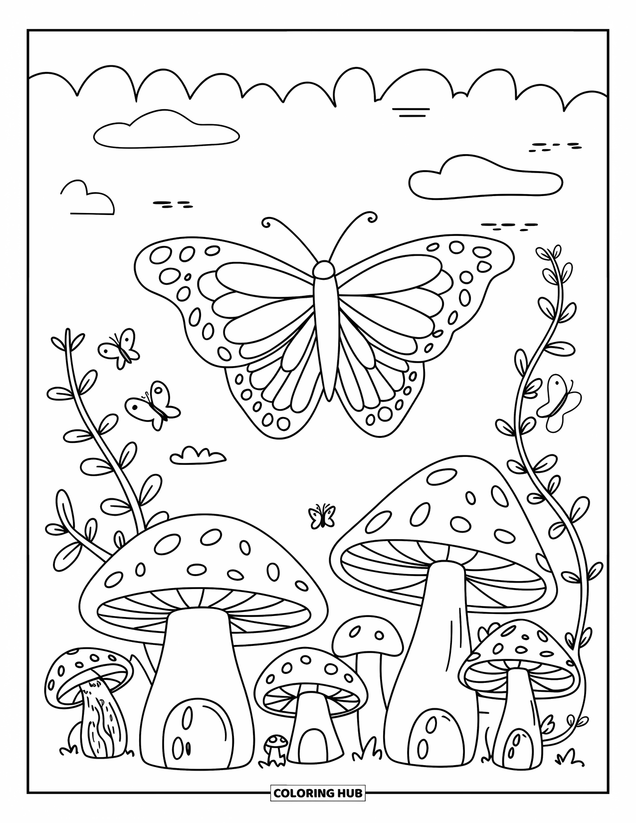 Butterfly Coloring Page for Adults: A butterfly flying above a mushroom village with small butterflies, clouds, and delicate vines