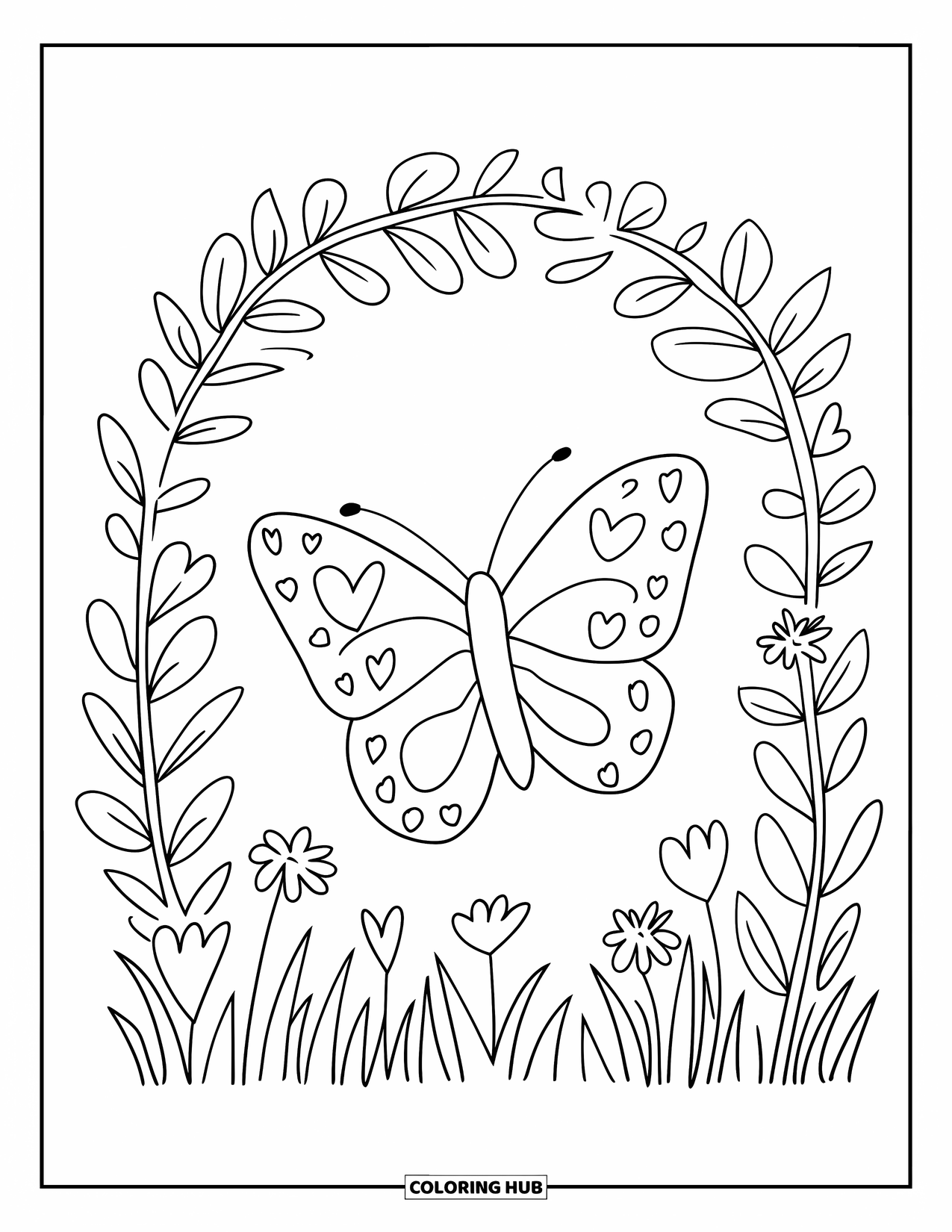 Butterfly Coloring Page for Adults: A butterfly flying through an arch of leaves and flowers with heart-shaped wings