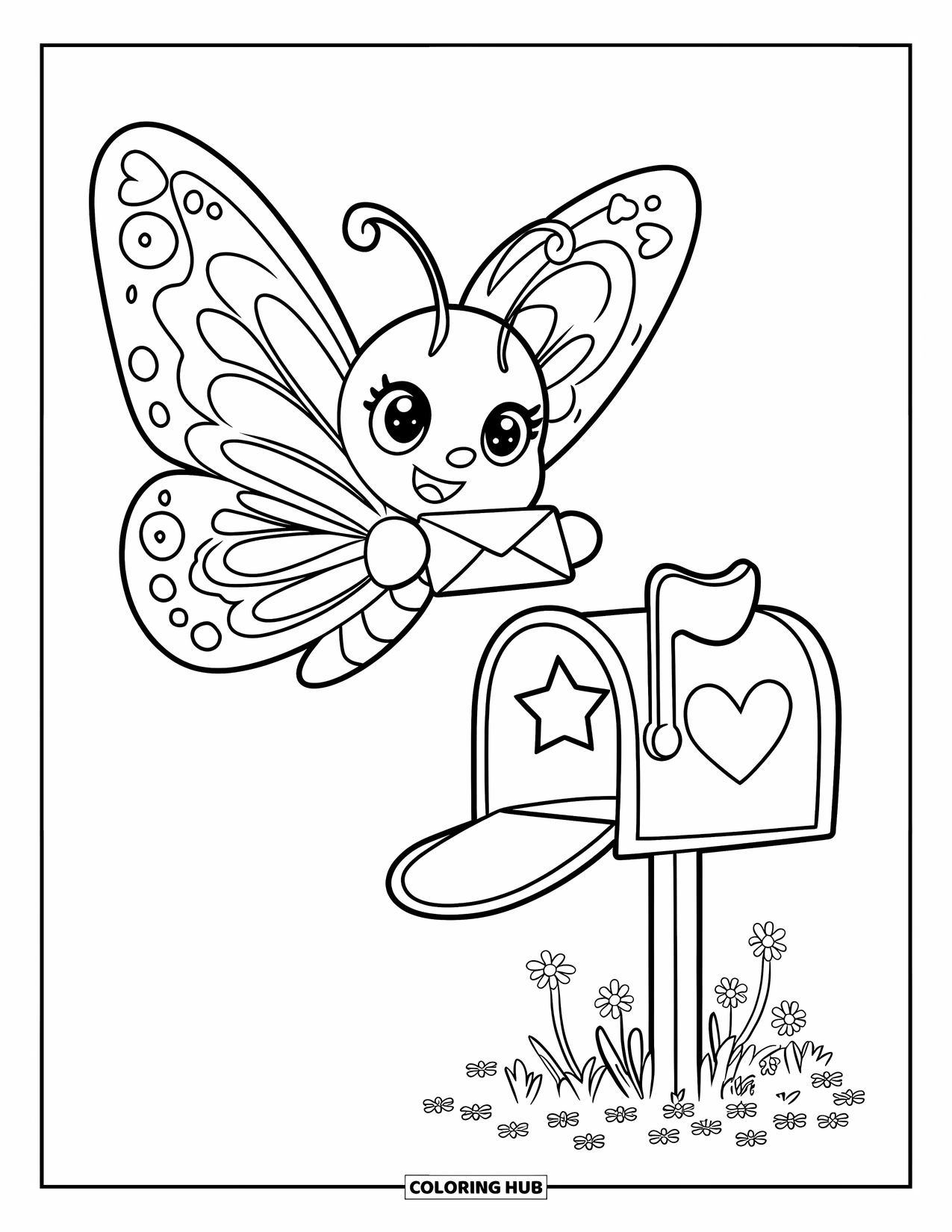 Butterfly Coloring Page for Adults: A butterfly holding a letter flying over a heart-decorated mailbox, surrounded by flowers