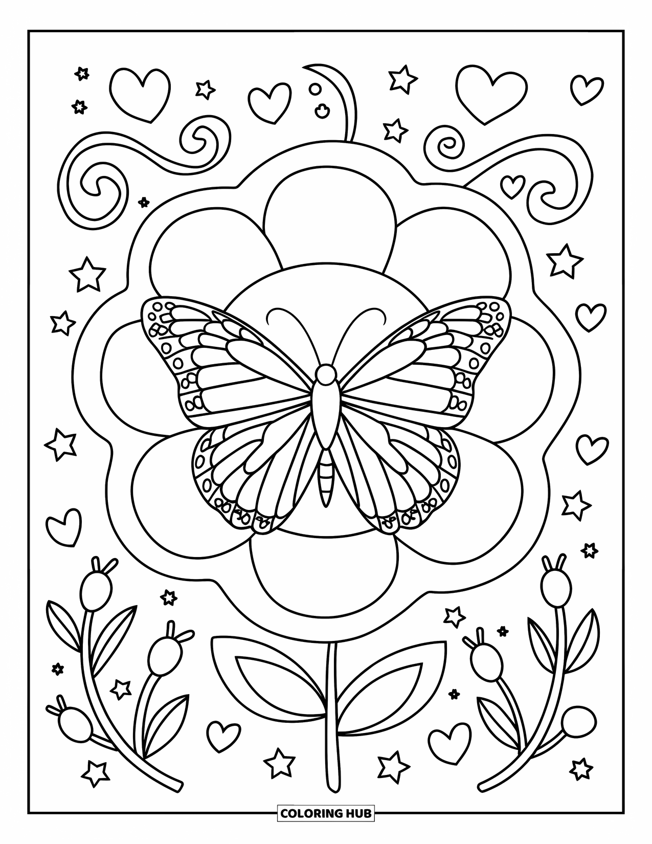 Butterfly Coloring Page for Adults: A butterfly inside a flower frame, with stars, hearts, and vines filling the background