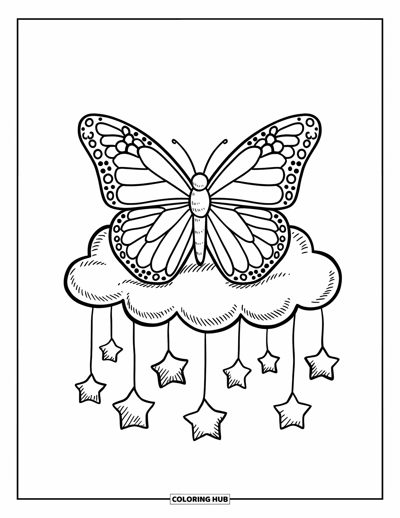 Butterfly Coloring Page for Adults: A butterfly on a cloud, with hanging stars creating a whimsical floating scene