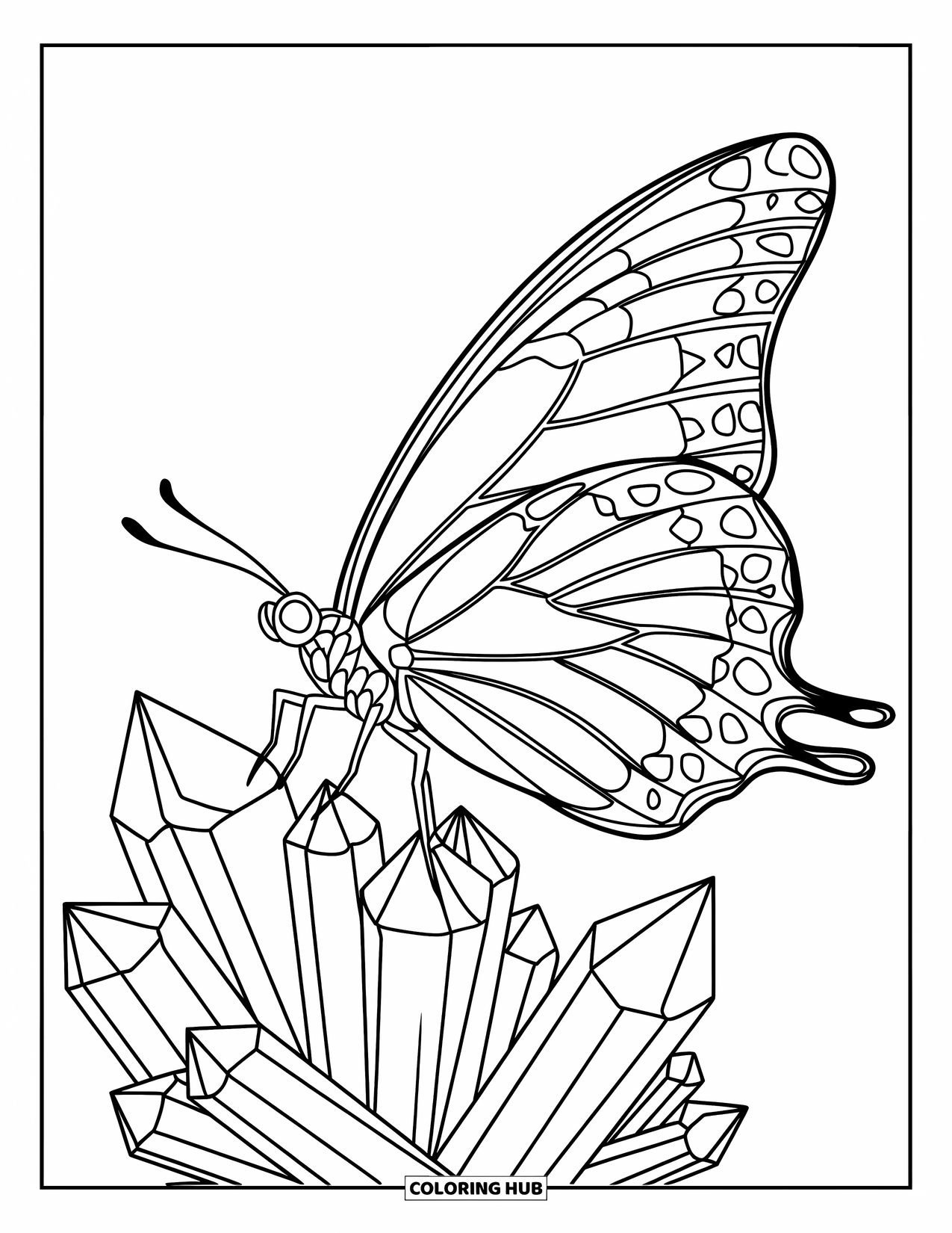 Butterfly Coloring Page for Adults: A butterfly on a crystal cluster, with symmetrical, delicate designs on the wings and crystals