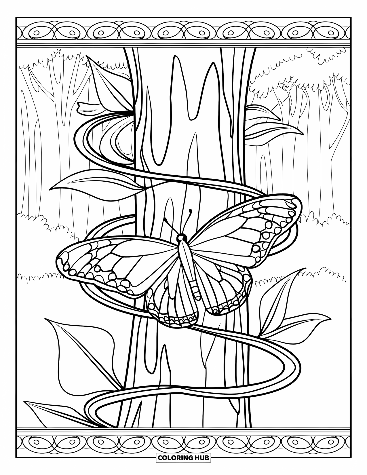 Butterfly Coloring Page for Adults: A butterfly on a winding vine wrapped around a tree trunk, surrounded by trees in a forest
