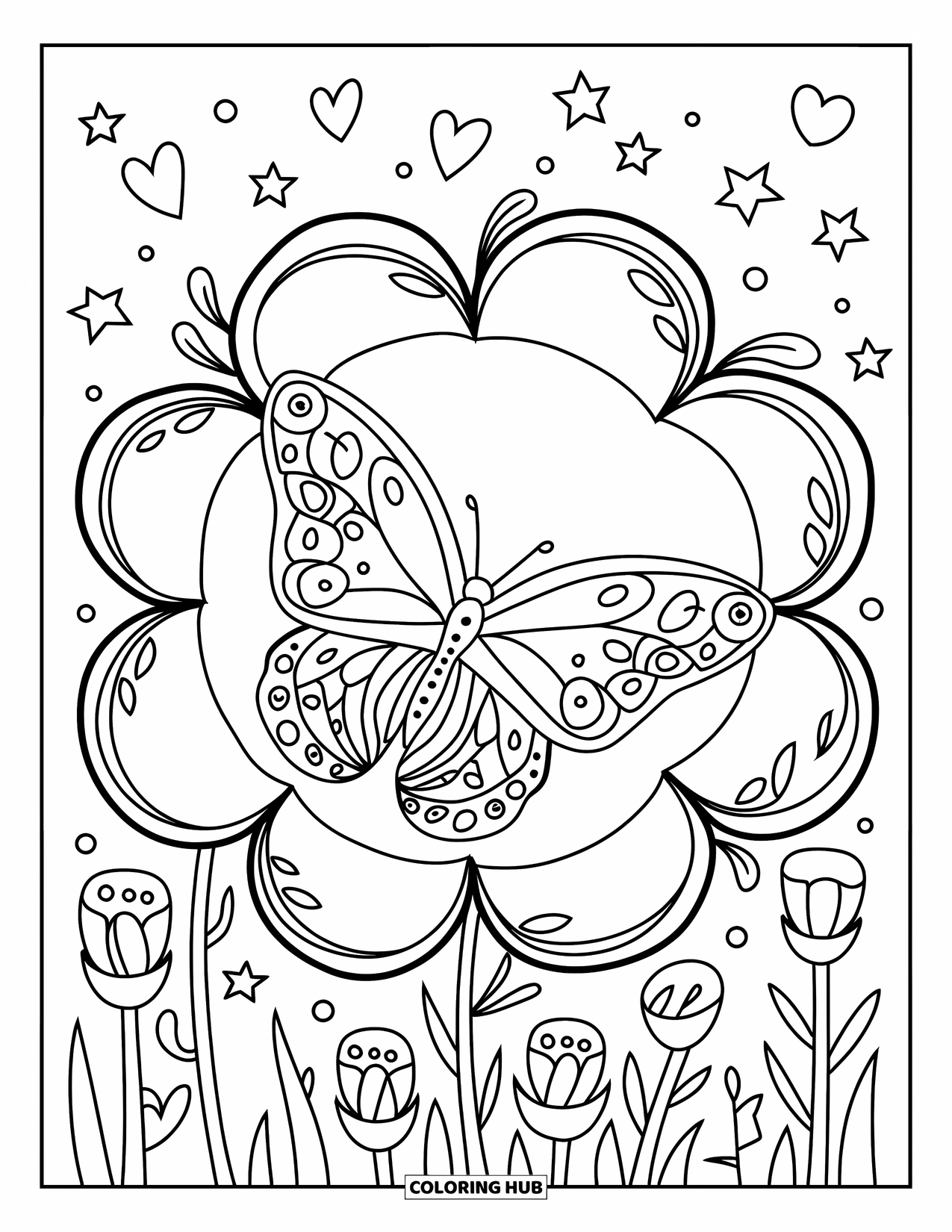 Butterfly Coloring Page for Adults: A butterfly resting in a flower frame with vines, stars, and hearts in the background