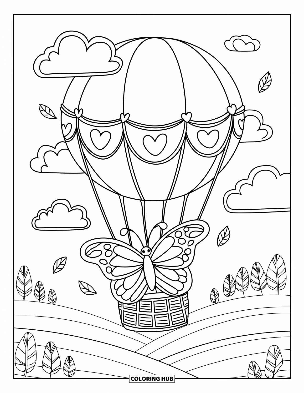 Butterfly Coloring Page for Adults: A butterfly resting on a heart-patterned balloon, with clouds and a serene landscape