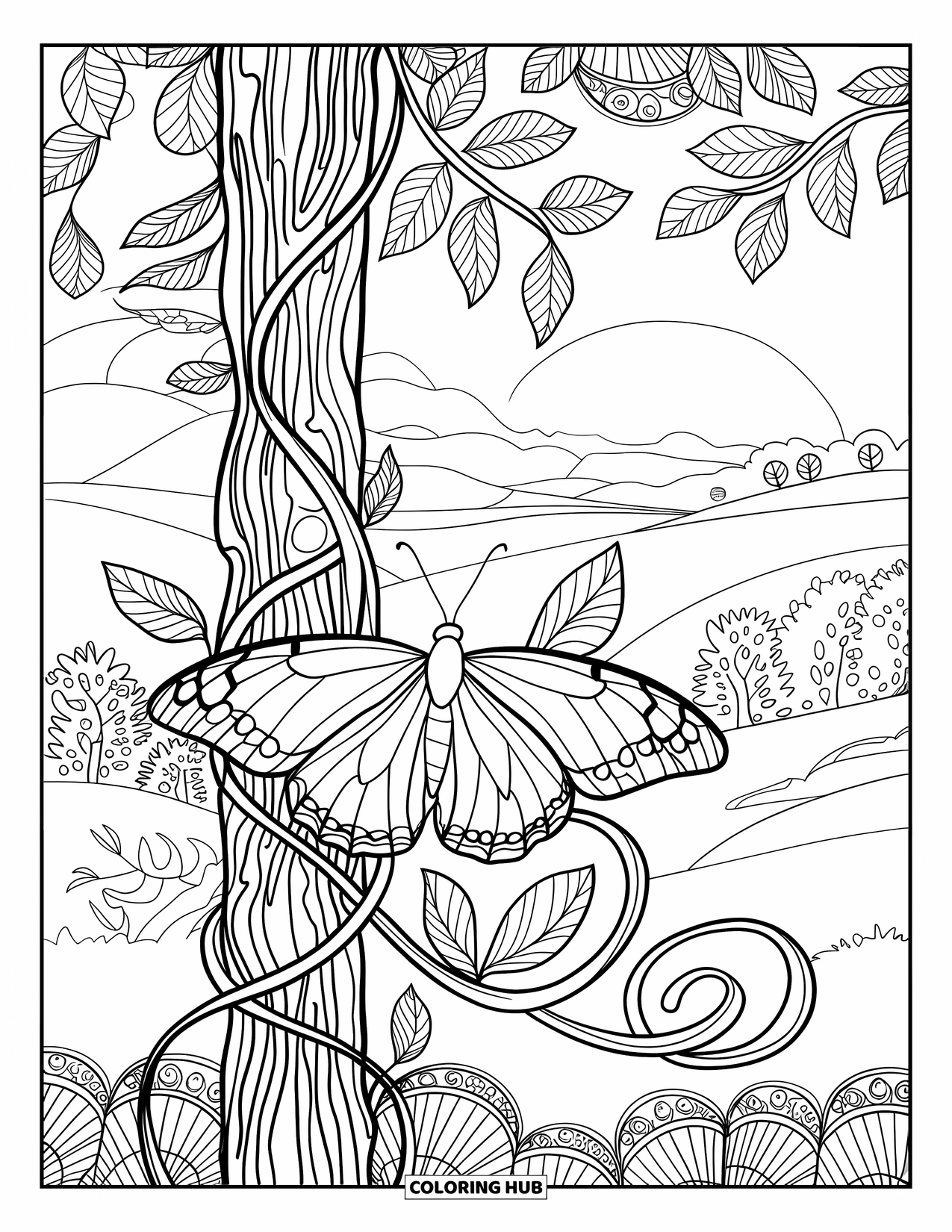 Butterfly Coloring Page for Adults: A butterfly resting on a winding vine entwined around a post, set against a serene landscape