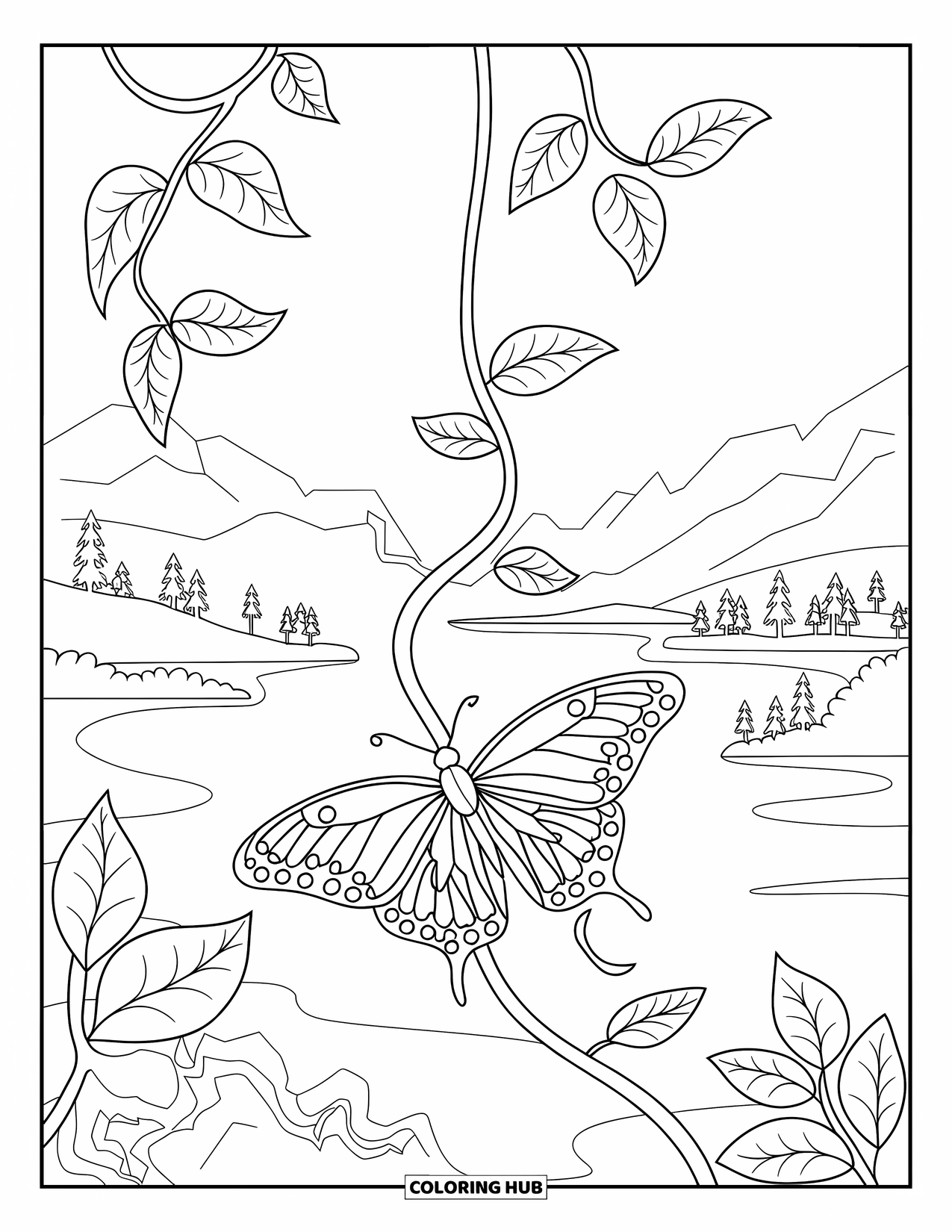 Butterfly Coloring Page for Adults: A butterfly resting on a winding vine with delicate, swirling patterns, set in a serene landscape