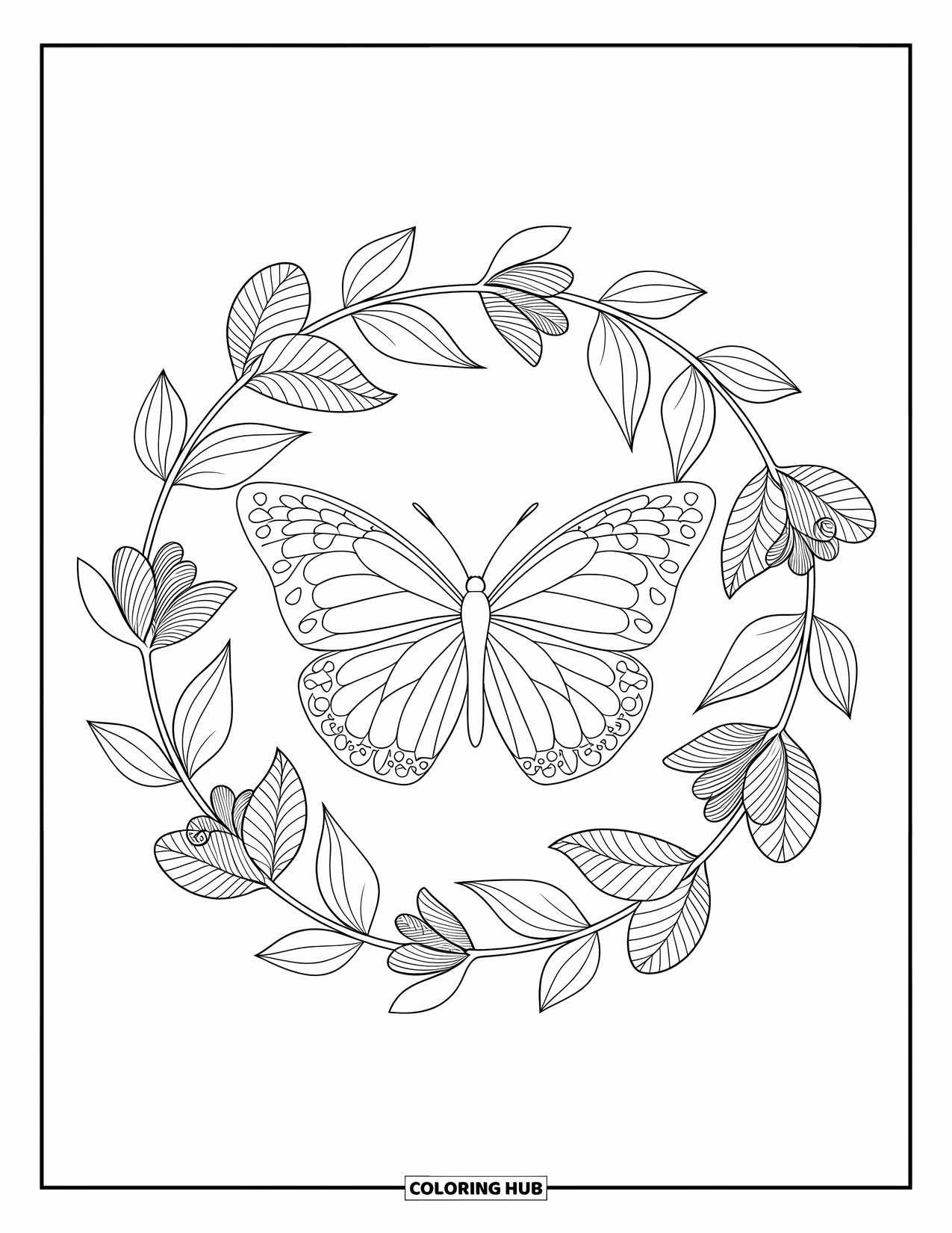 Butterfly Coloring Page for Adults: A butterfly surrounded by a circular wreath of leaves and flowers, with intricate fine-line patterns