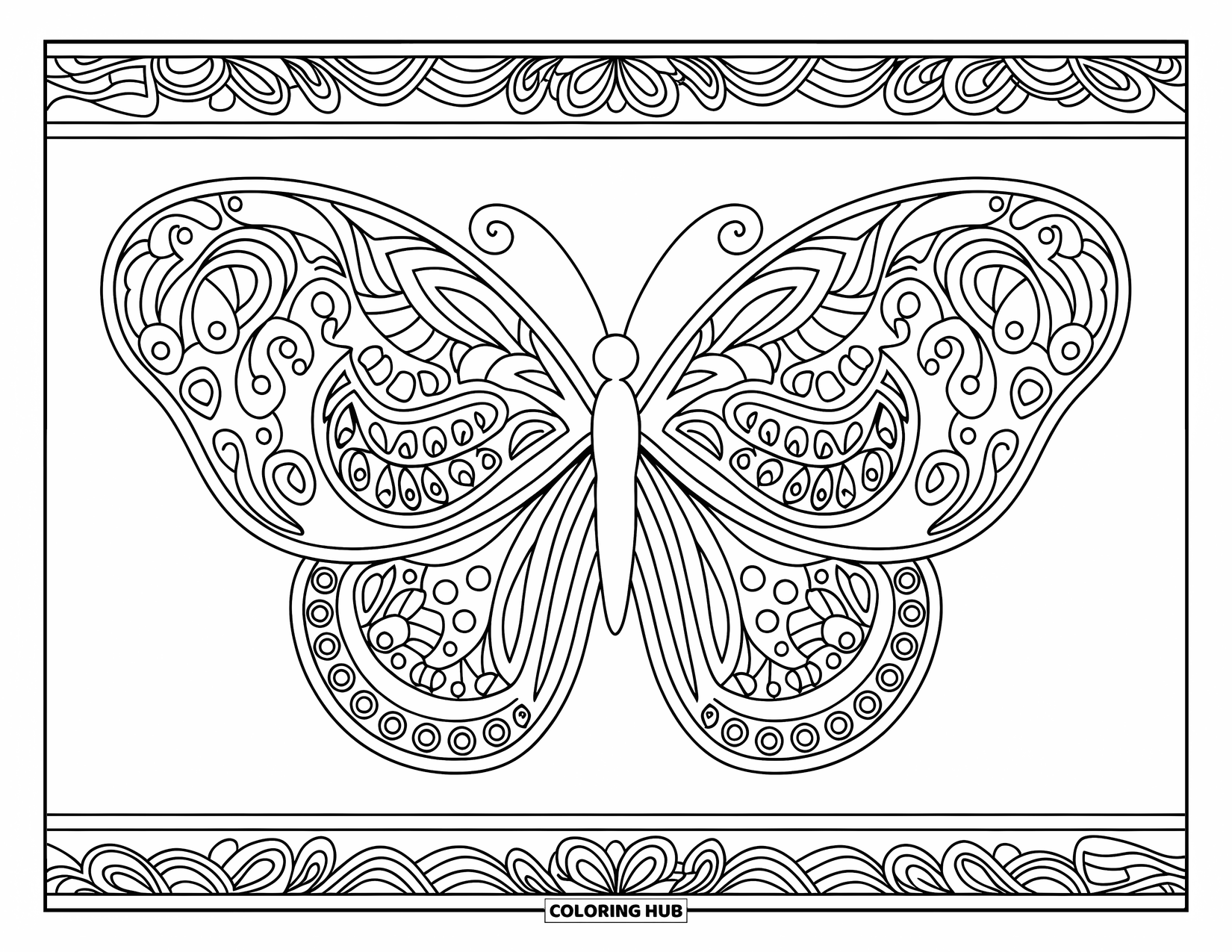Butterfly Coloring Page for Adults: A butterfly surrounded by a maze-like pattern, with paisley and mandala-inspired wings
