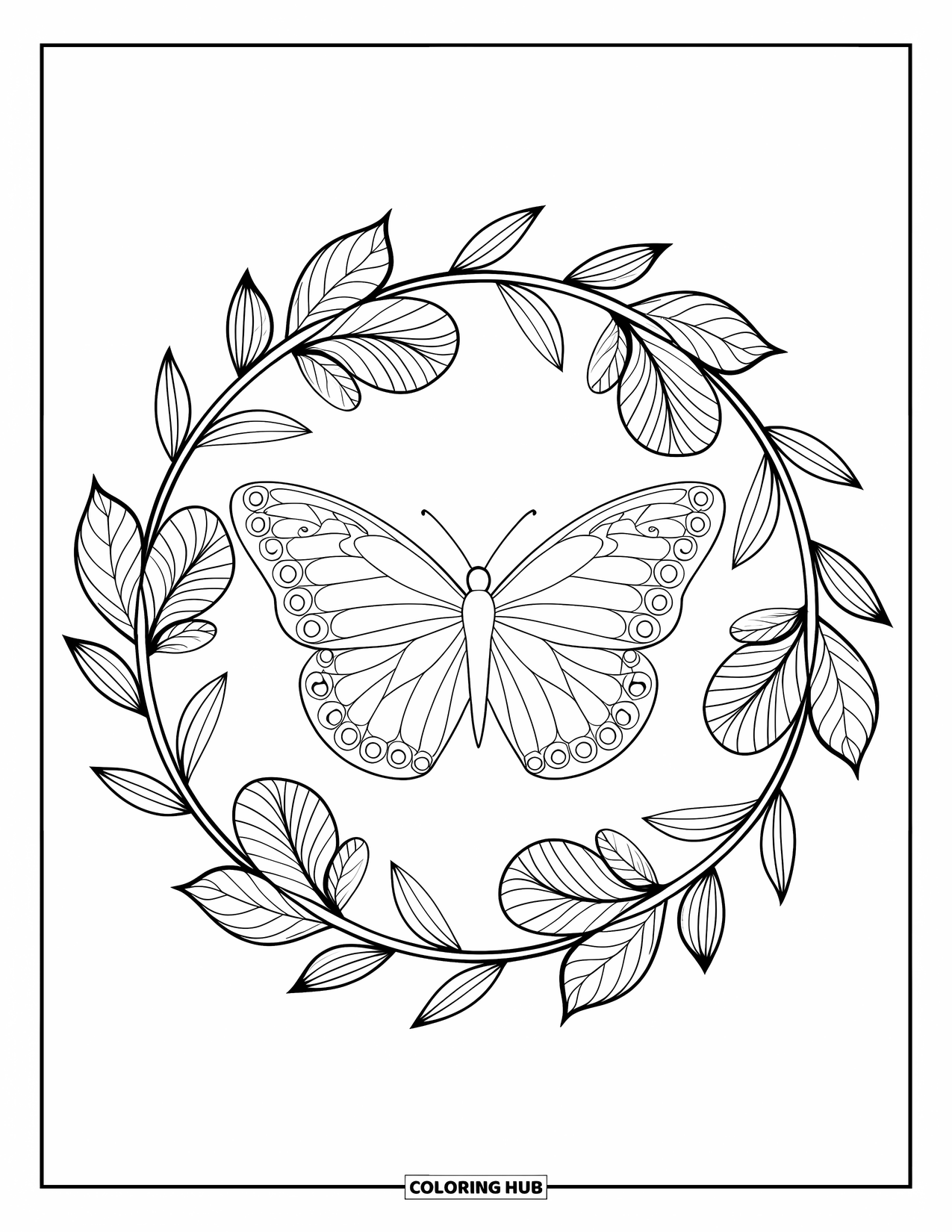 Butterfly Coloring Page for Adults: A butterfly surrounded by a wreath of flowers and leaves, filled with fine-line patterns and designs