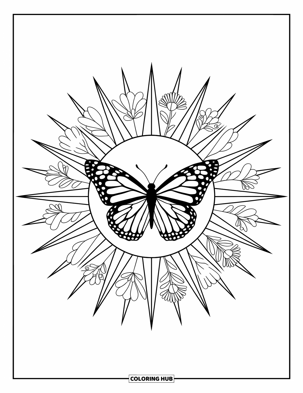 Butterfly Coloring Page for Adults: A butterfly surrounded by sunburst rays filled with floral and abstract patterns