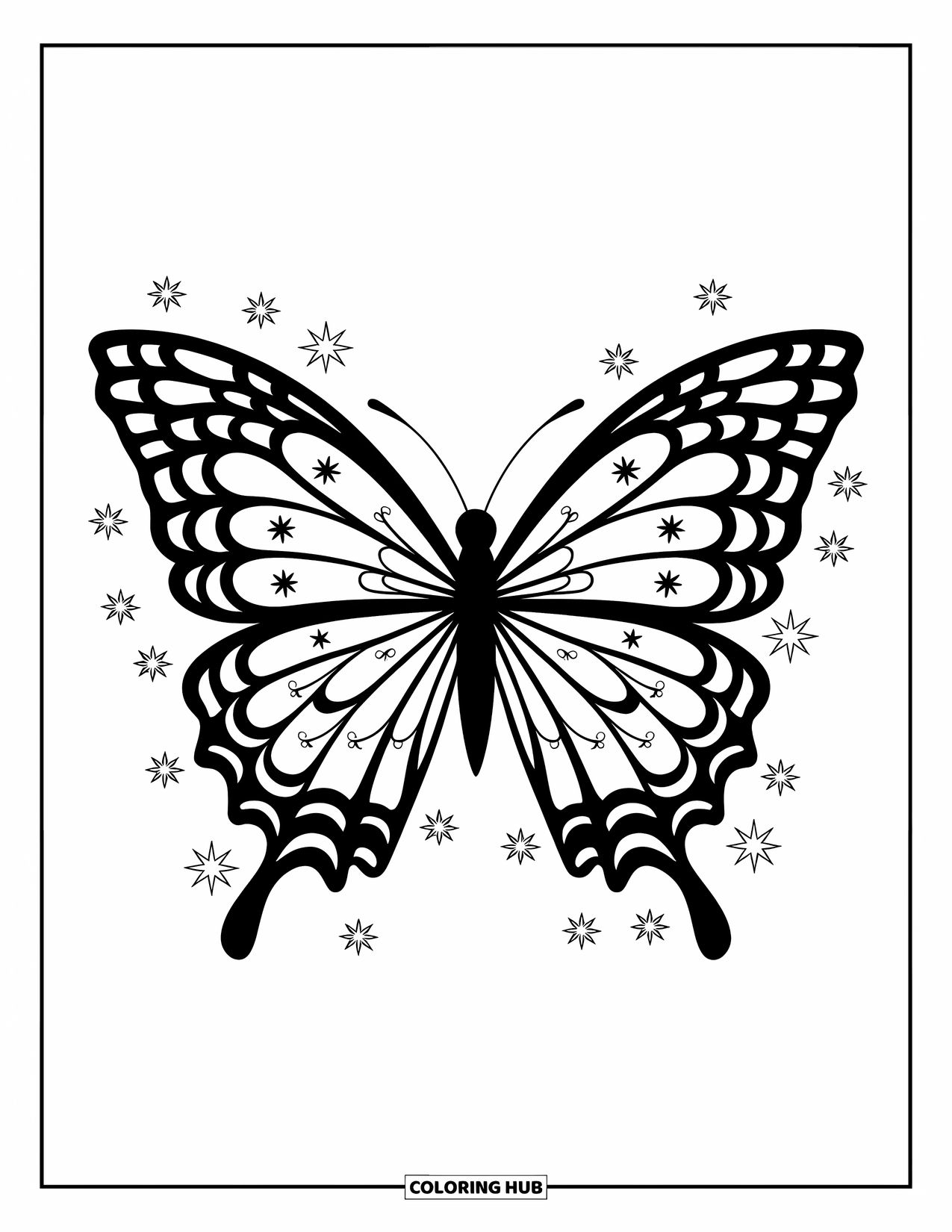 Butterfly Coloring Page for Adults: A butterfly with floral motifs and curved lines on its wings, surrounded by small star outlines