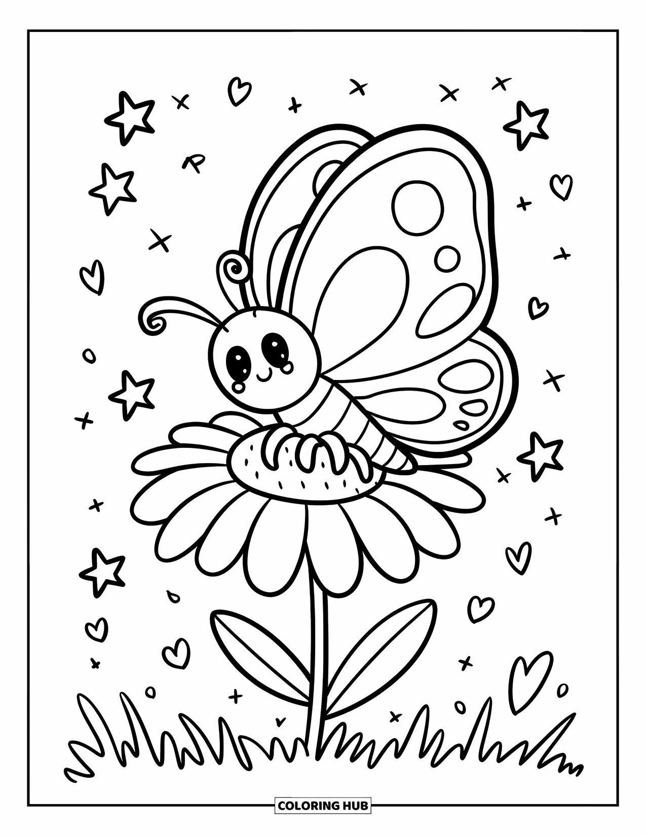 Butterfly Coloring Page for Adults: A butterfly with heart-shaped wings resting on a daisy with stars and hearts floating nearby