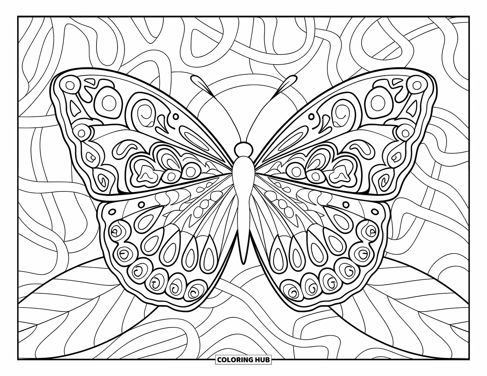 Butterfly Coloring Page for Adults: A butterfly with intricate maze-like wings, paisley and mandala details, perched on a leaf