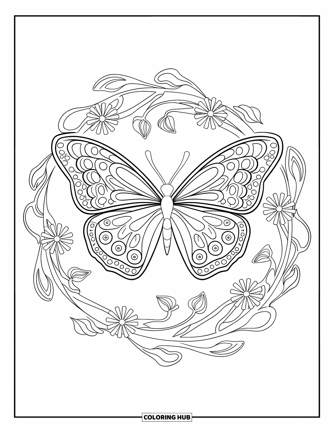 Butterfly Coloring Page for Adults: A butterfly with mandala patterns on its wings, surrounded by swirling vines and flowers