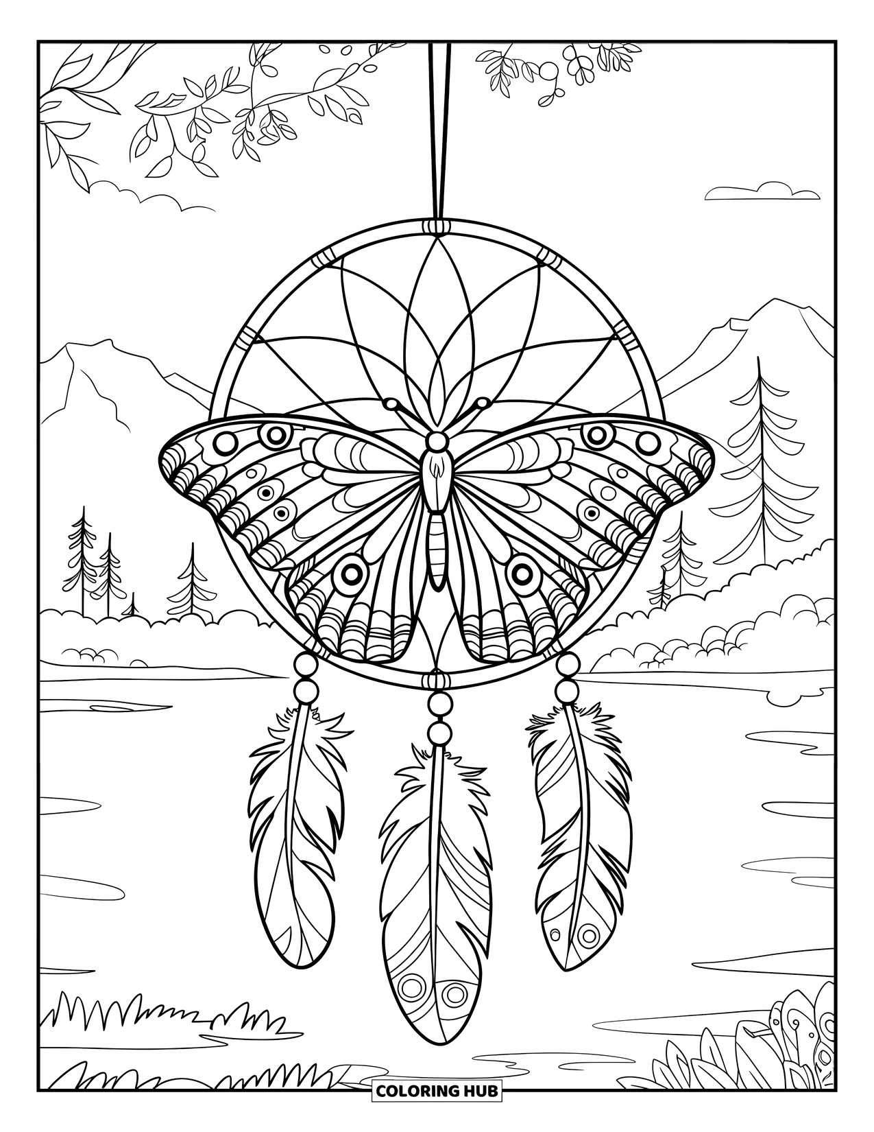 Butterfly Coloring Page for Adults: A butterfly with mandala wings resting on a dreamcatcher, surrounded by a serene landscape
