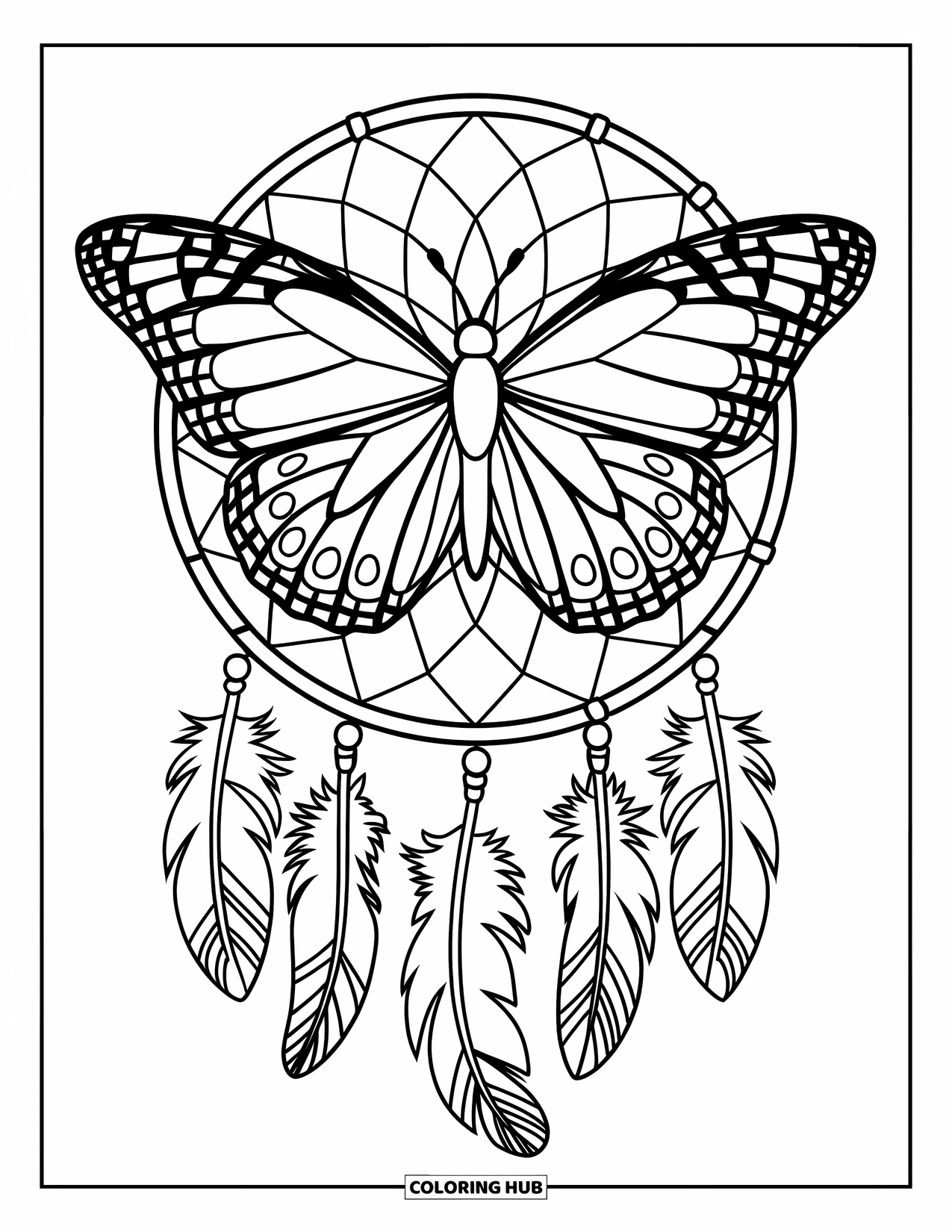 Butterfly Coloring Page for Adults: A butterfly with mandala wings resting on a dreamcatcher, with feathers hanging below