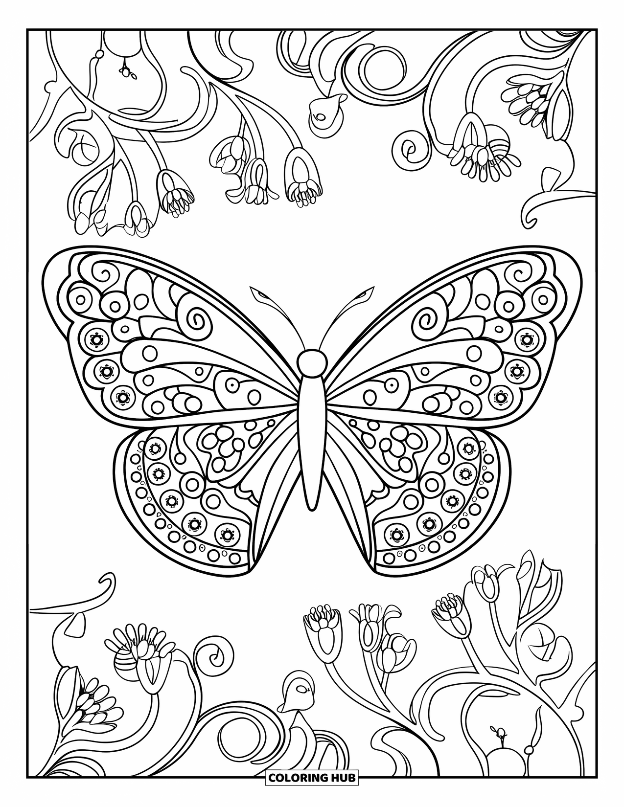 Butterfly Coloring Page for Adults: A butterfly with mandala wings, surrounded by swirling vines and flowers in a circle