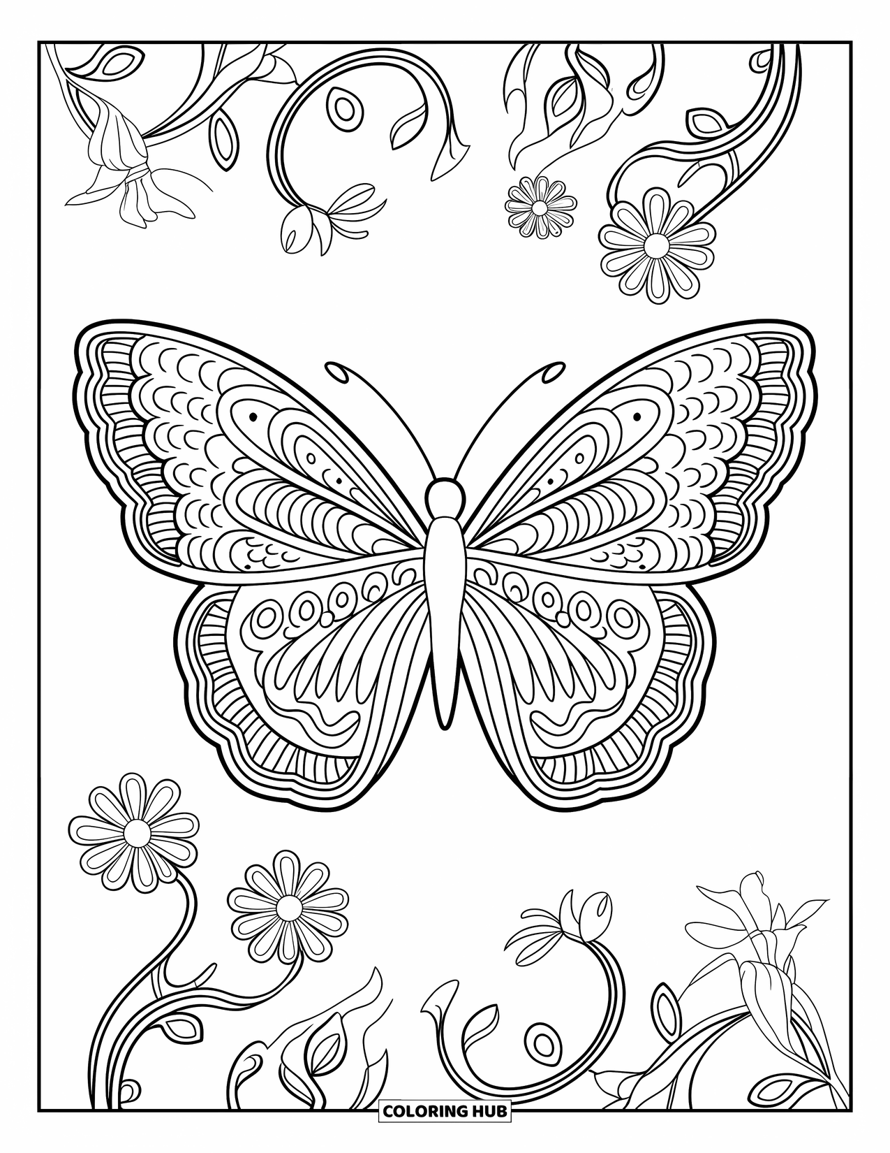 Butterfly Coloring Page for Adults: A butterfly with mandala wings, surrounded by swirling vines and flowers