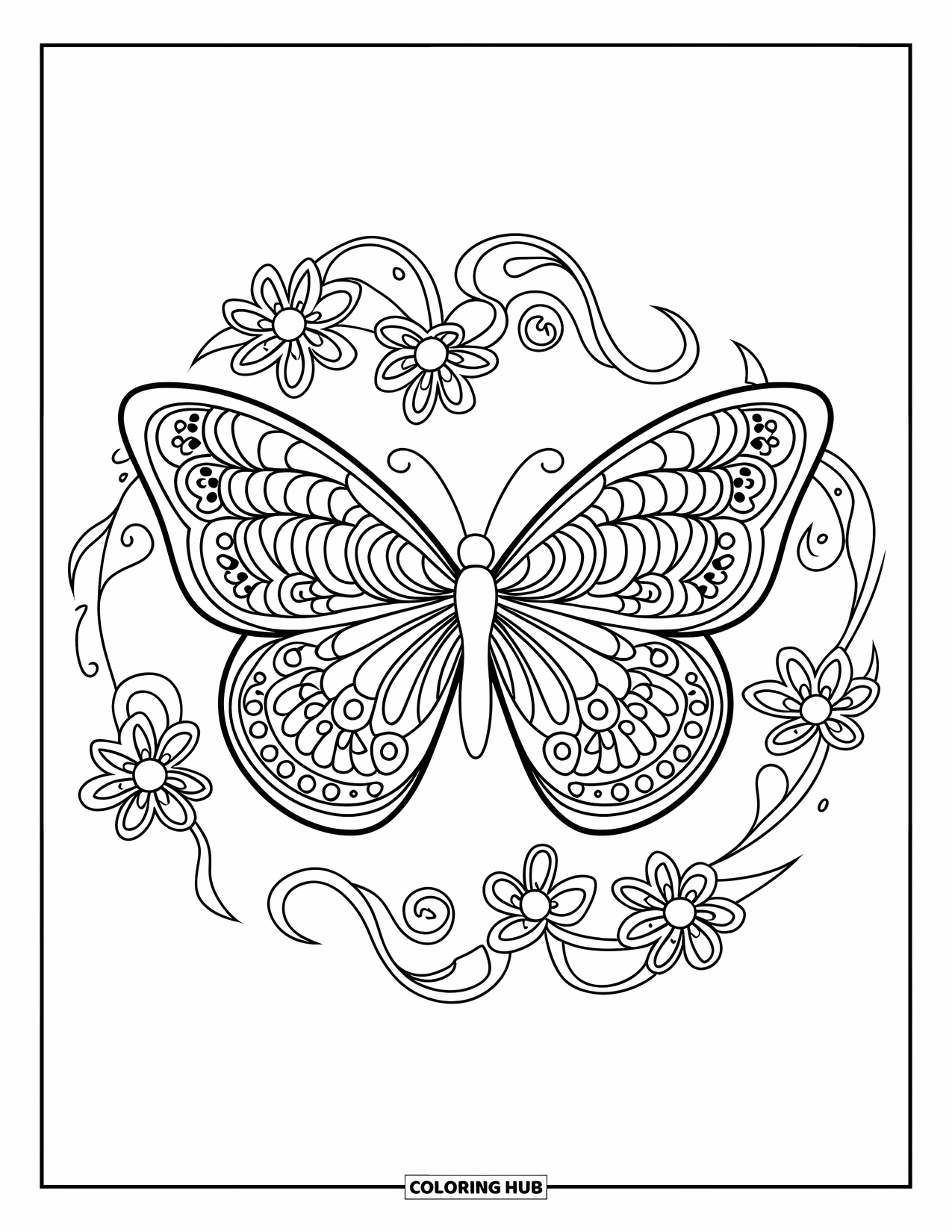 Butterfly Coloring Page for Adults: A butterfly with mandala wings, surrounded by vines and flowers within a circle