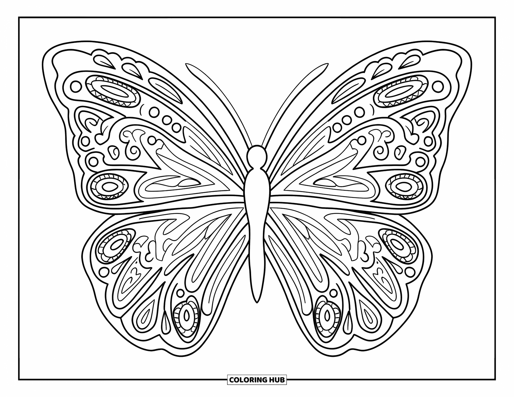 Butterfly Coloring Page for Adults: A butterfly with maze-like wings featuring paisley and mandala-inspired details