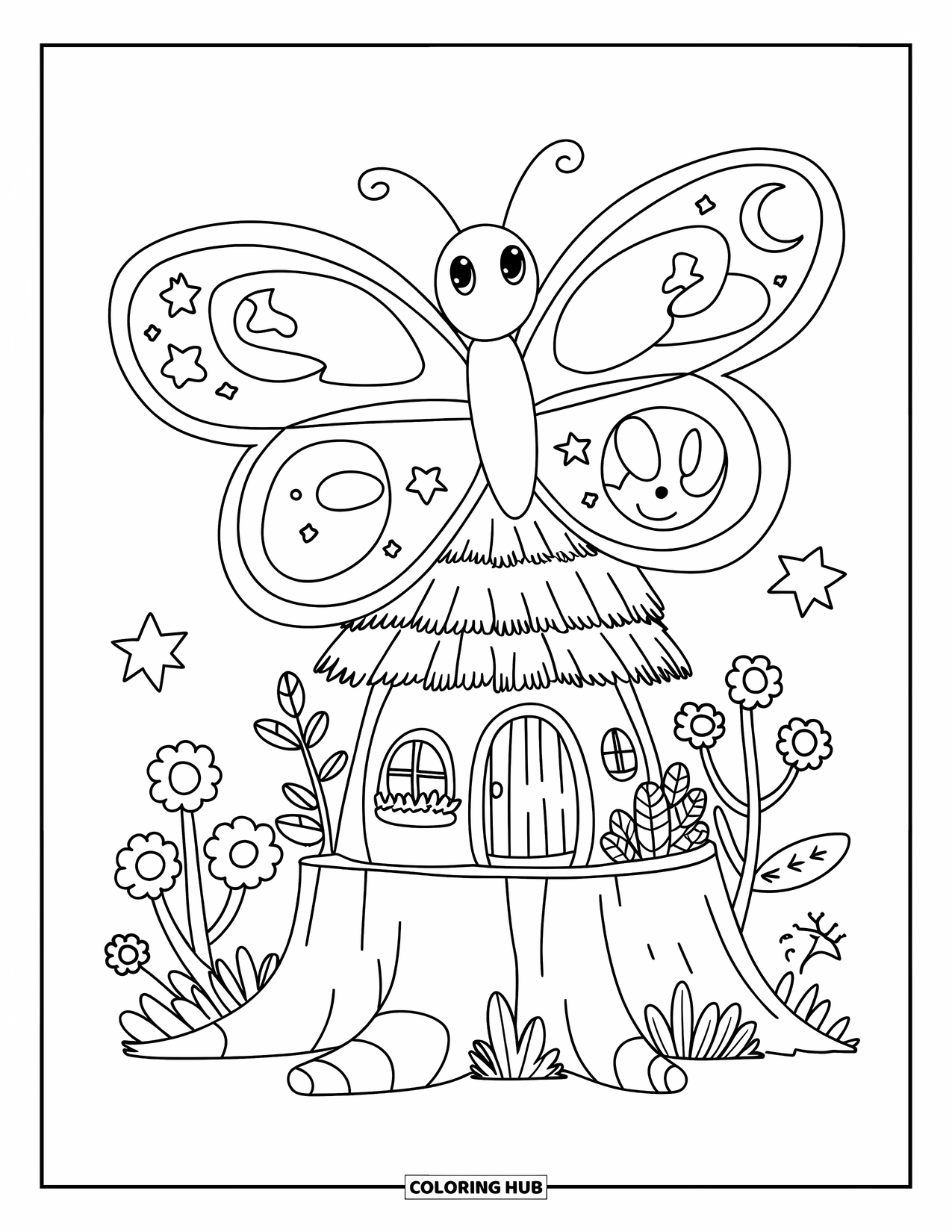 Butterfly Coloring Page for Adults: A butterfly with oversized wings flying above a tree stump house, framed by flowers and leaves