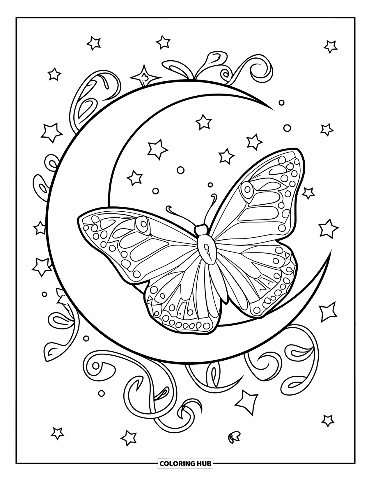 Butterfly Coloring Page for Adults: A butterfly with patterned wings resting on a crescent moon, surrounded by stars and vines