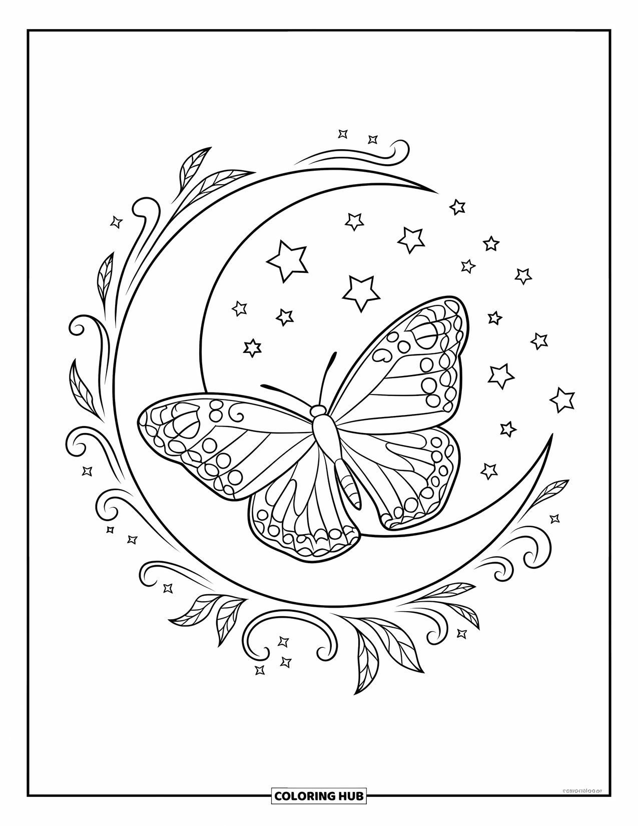 Butterfly Coloring Page for Adults: A butterfly with patterned wings resting on a crescent moon, surrounded by stars and vines
