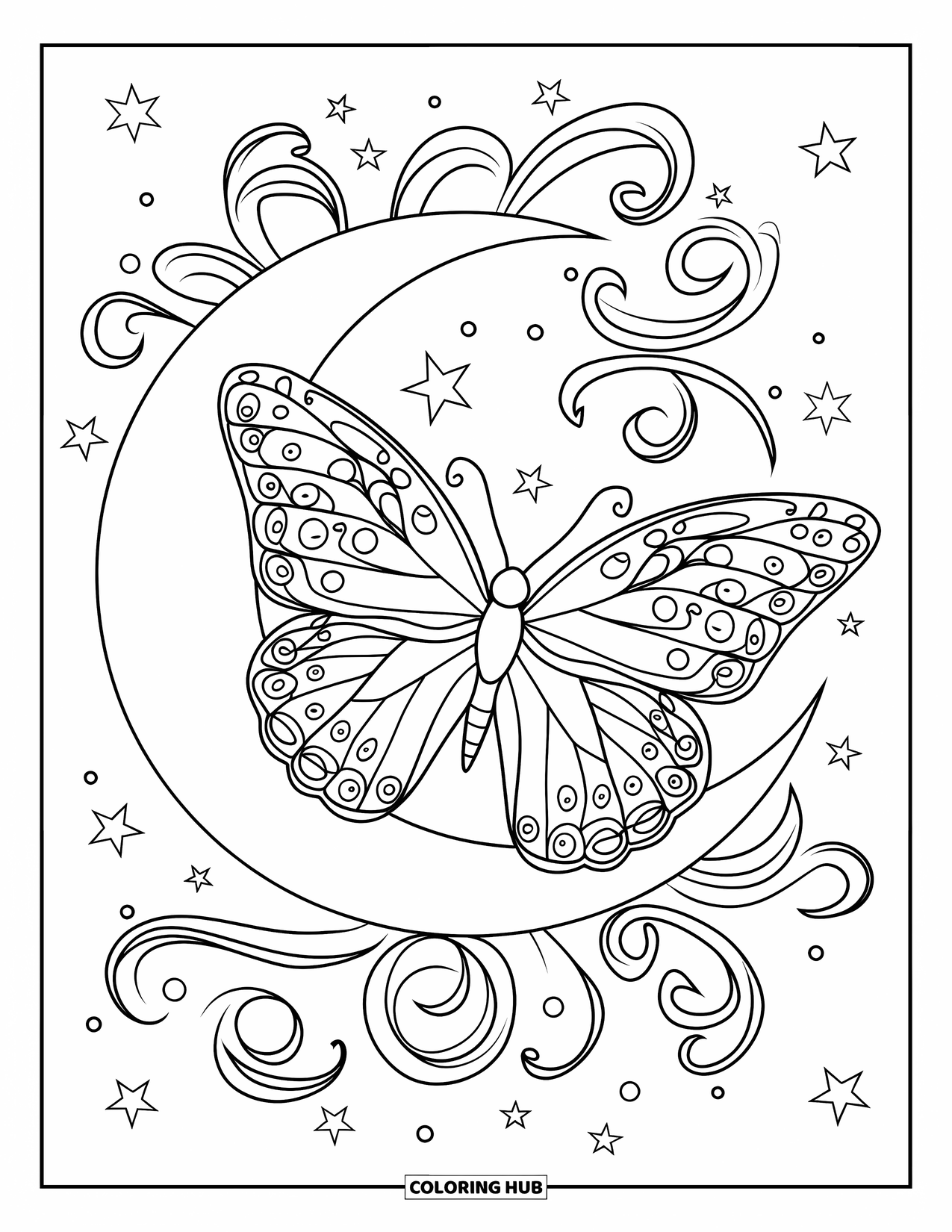 Butterfly Coloring Page for Adults: A butterfly with patterned wings resting on a crescent moon, surrounded by stars and vines