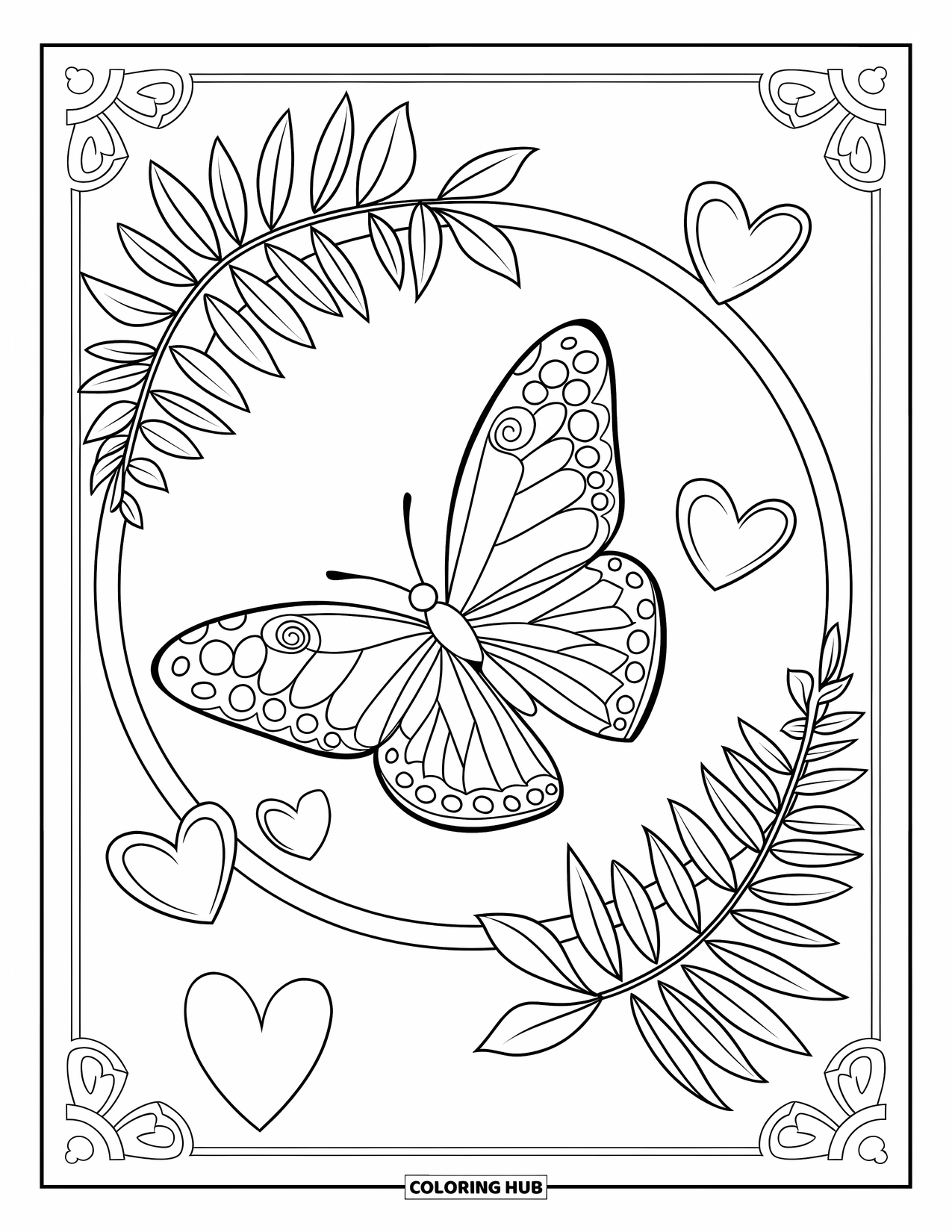 Butterfly Coloring Page for Adults: A butterfly with spiral and zigzag wing designs, flying near fern leaves and floating hearts