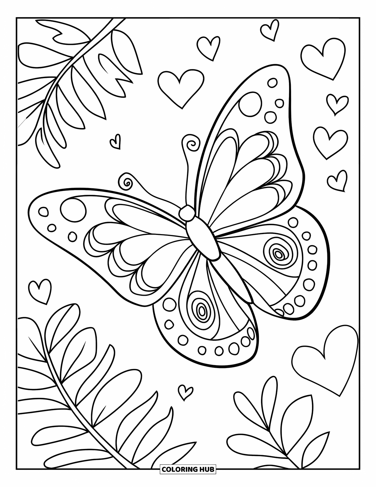 Butterfly Coloring Page for Adults: A butterfly with spiral and zigzag wings flying near fern leaves and floating hearts