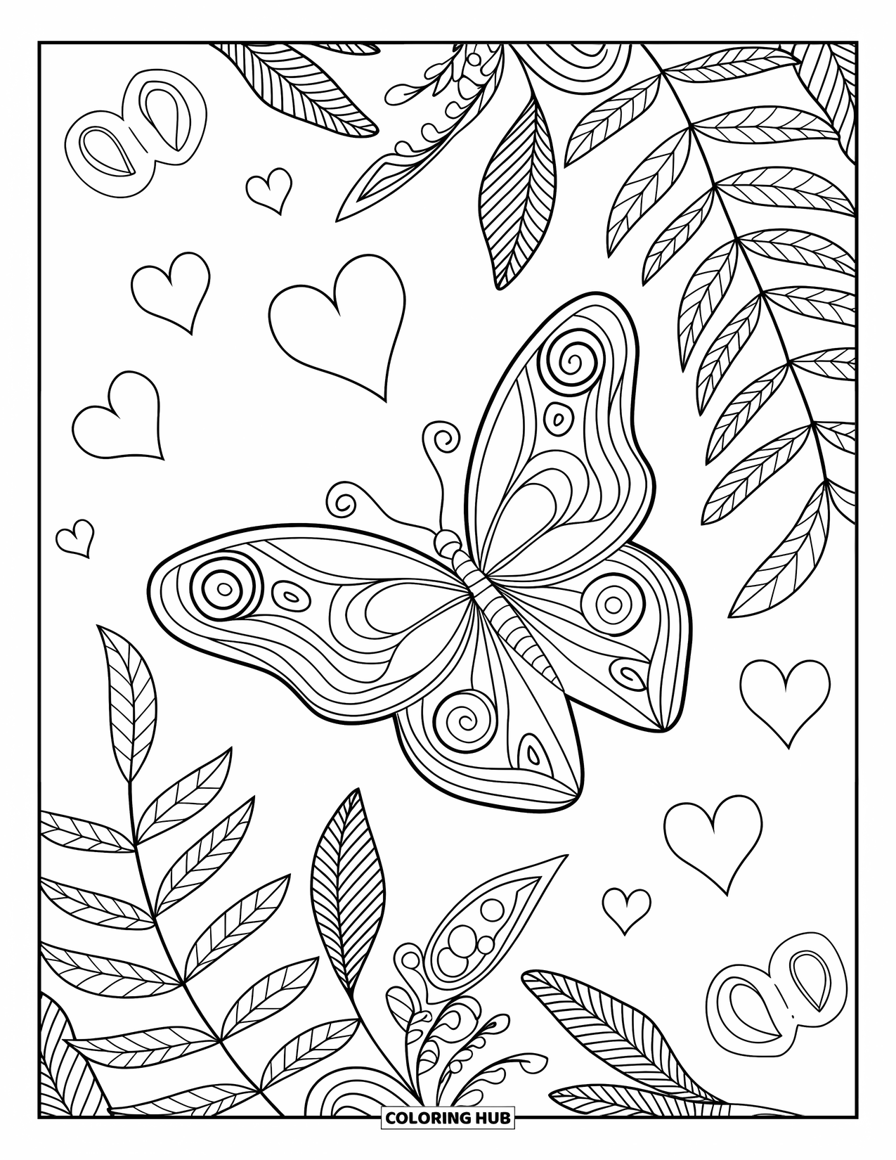 Butterfly Coloring Page for Adults: A butterfly with spiral wings flying near fern leaves and hearts, surrounded by intricate details