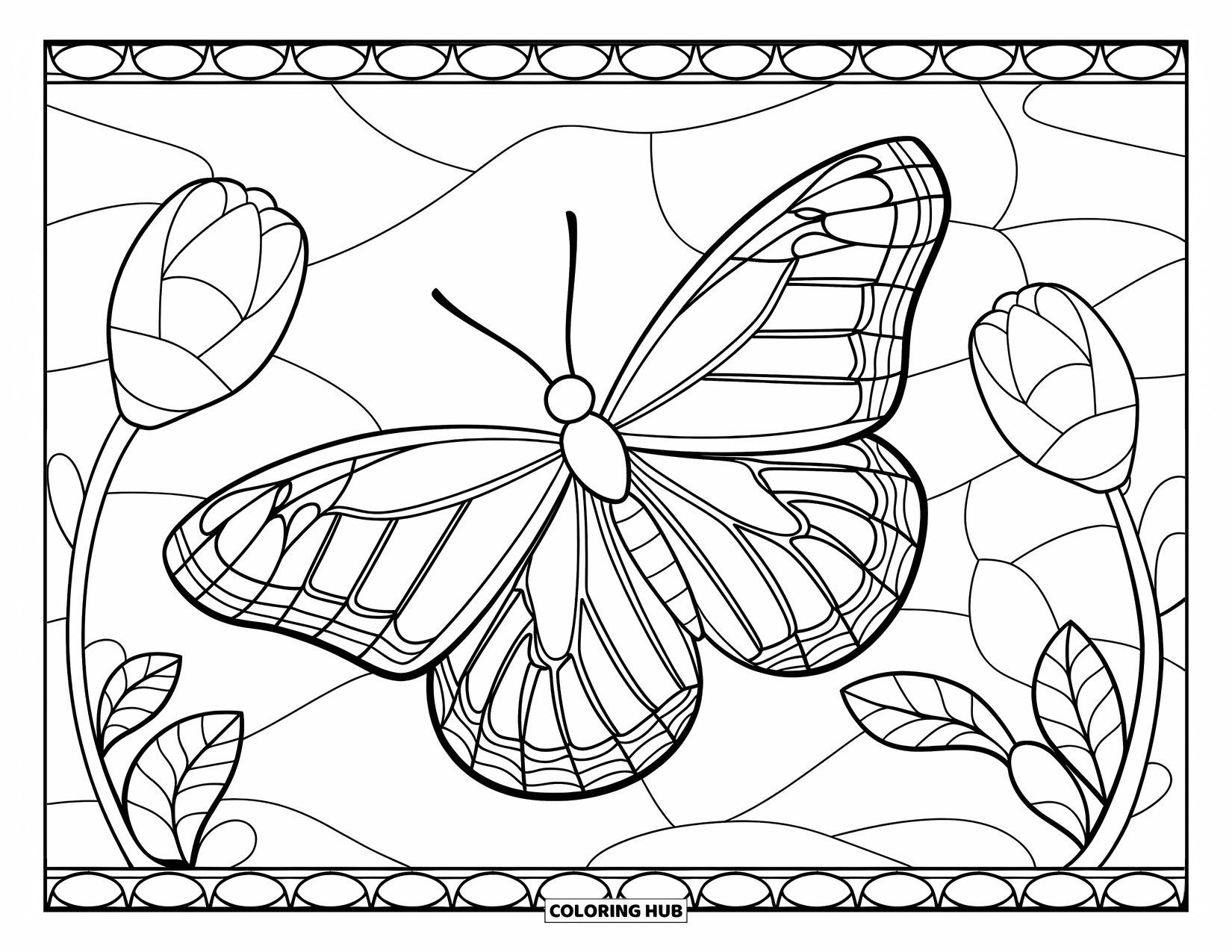 Butterfly Coloring Page for Adults: A butterfly with stained glass-style wings flying near flower buds, surrounded by a decorative border