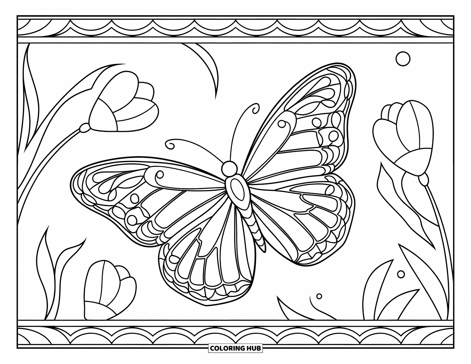 Butterfly Coloring Page for Adults: A butterfly with stained glass-style wings flying near flower buds, with intricate details and a simple background
