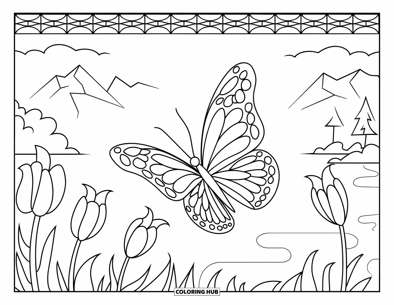 Butterfly Coloring Page for Adults: A butterfly with stained glass-style wings, flying near outlined flower buds, surrounded by nature