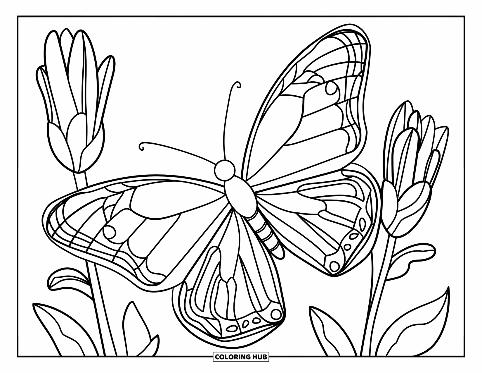 Butterfly Coloring Page for Adults: A butterfly with stained glass wings flying near outlined flower buds, with intricate line patterns
