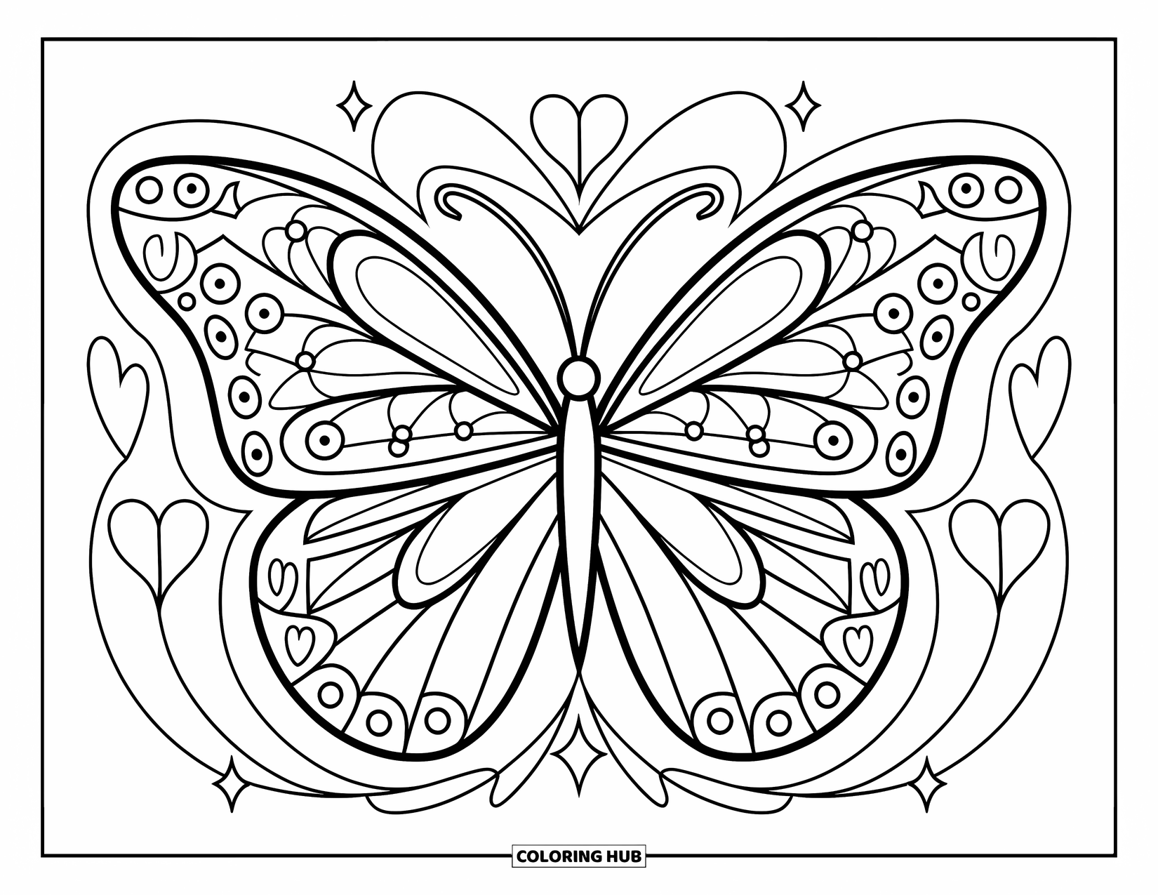 Butterfly Coloring Page for Adults: A butterfly with swirling lines and geometric shapes, surrounded by heart and star outlines