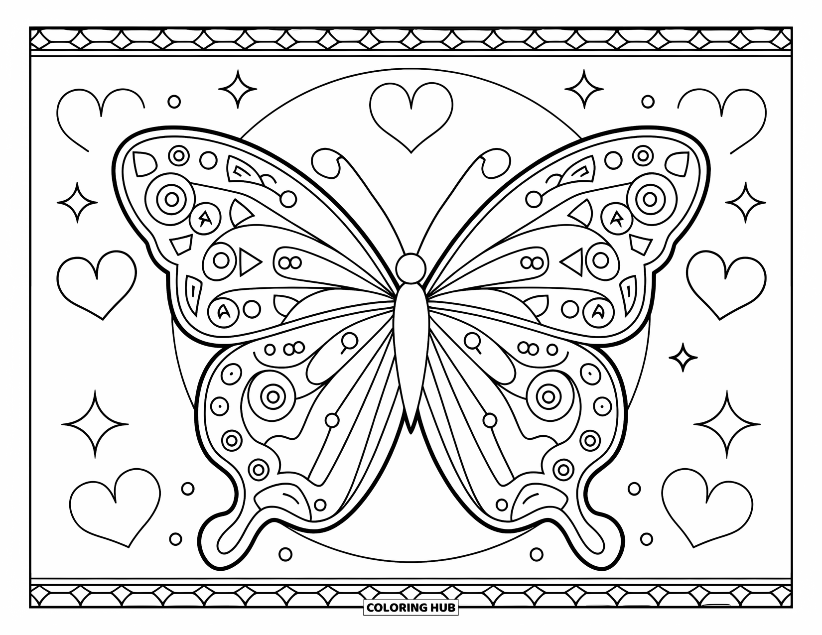 Butterfly Coloring Page for Adults: A butterfly with swirling lines and geometric wings, surrounded by heart and star outlines in a circle