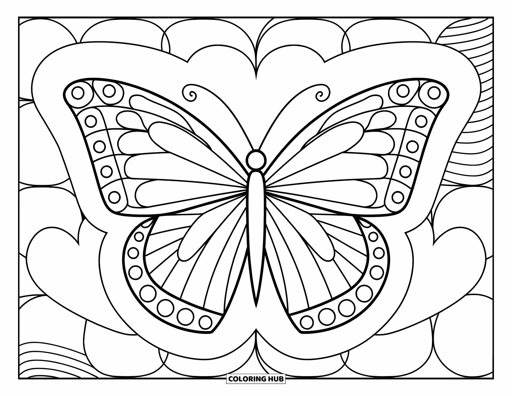 Butterfly Coloring Page for Adults: A butterfly with swirling wings, surrounded by hearts and stars, set against a circle of patterns