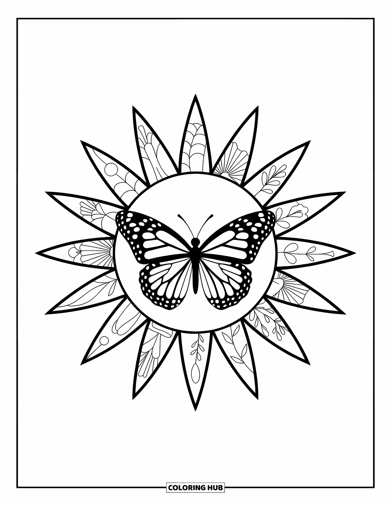 Butterfly Coloring Page for Adults: A butterfly within a sunburst pattern, with floral rays and a white background