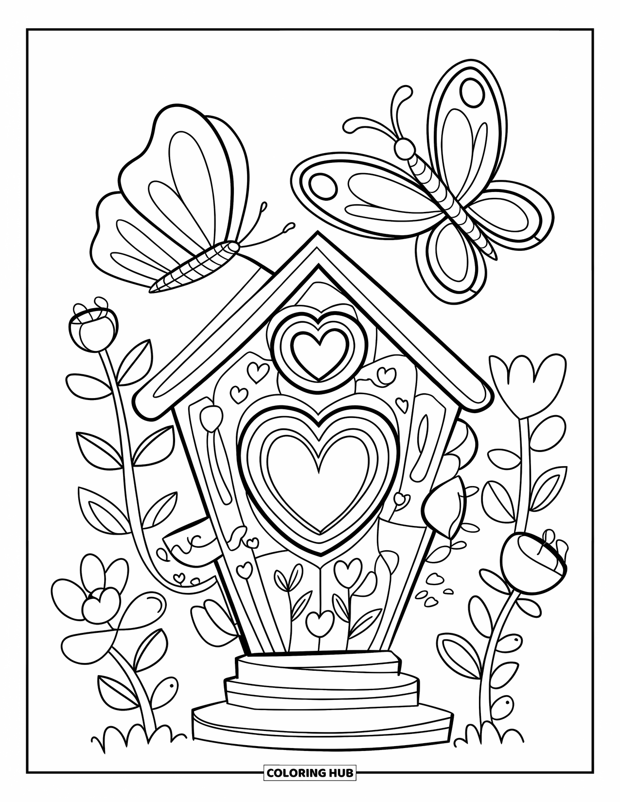 Butterfly Coloring Page for Adults: A cozy birdhouse with heart-shaped windows, surrounded by flowers and a butterfly flying above