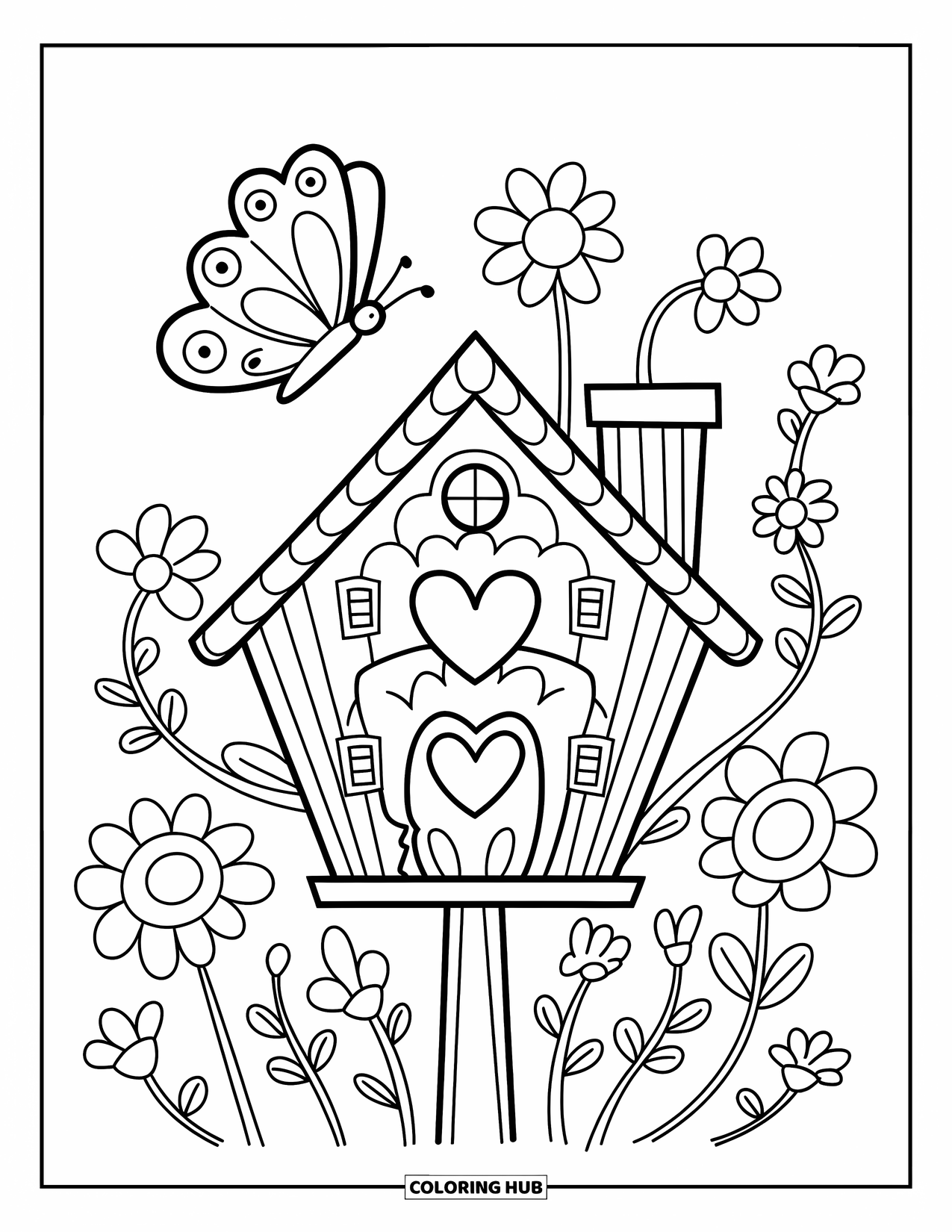 Butterfly Coloring Page for Adults: A cozy birdhouse with heart windows, flowers, and a butterfly flying above in a cute style