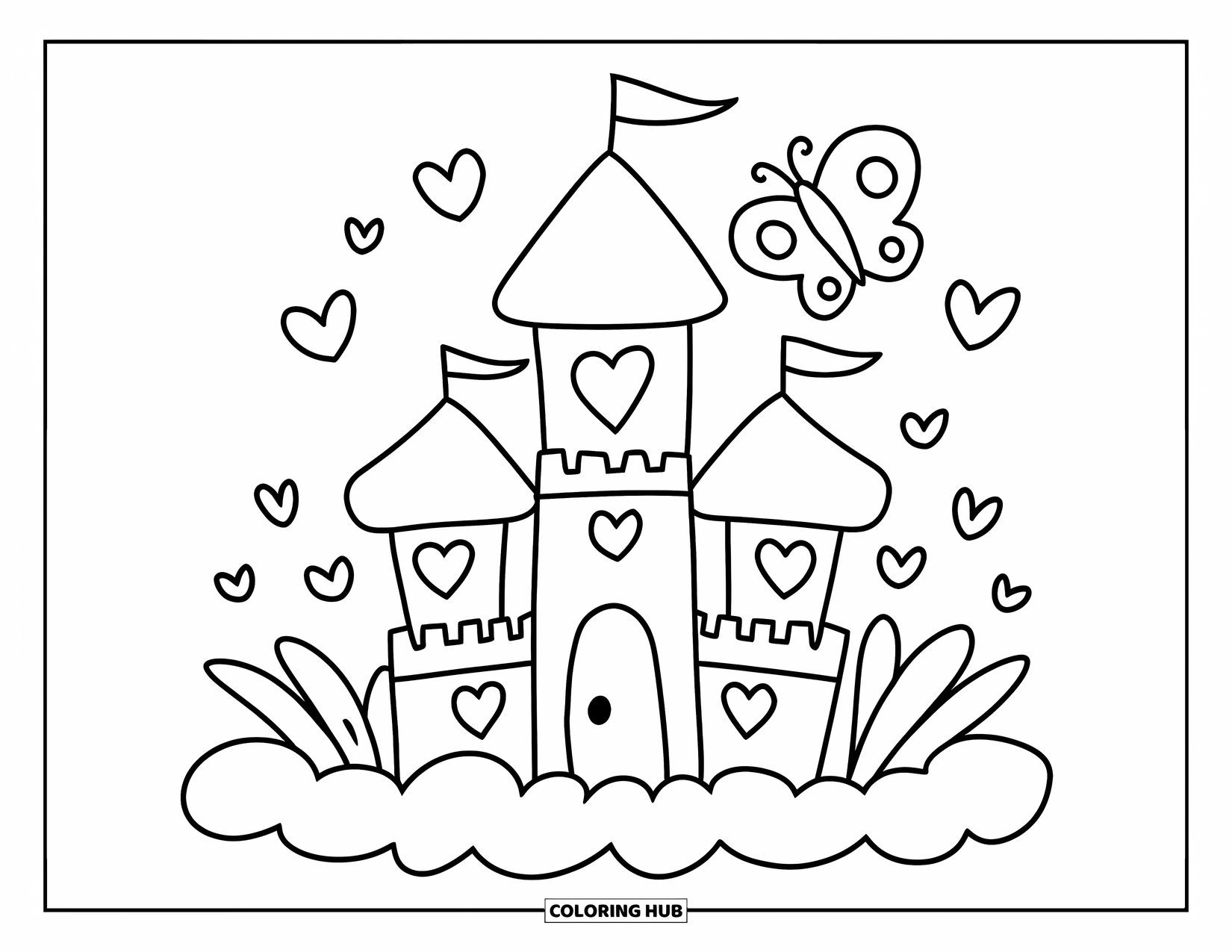 Butterfly Coloring Page for Adults: A heart-windowed castle on a cloud with a butterfly and floating hearts and butterflies