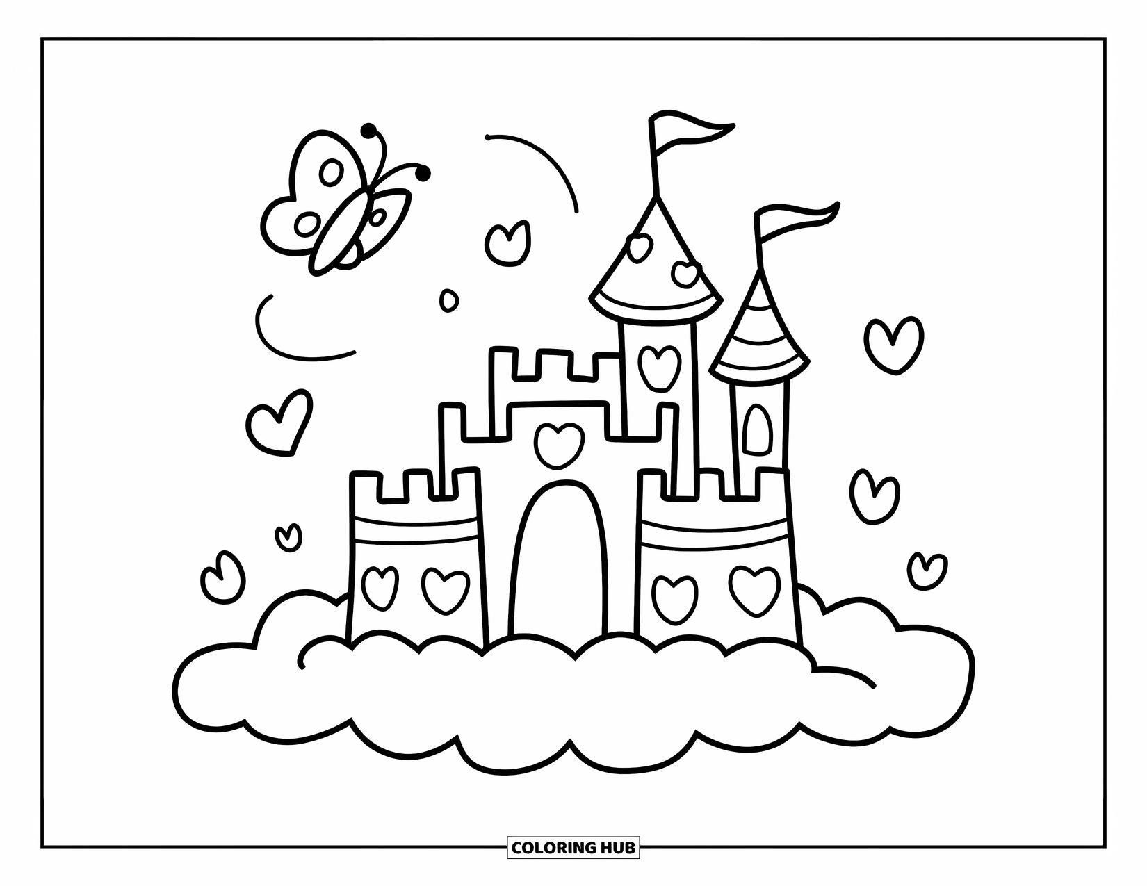 Butterfly Coloring Page for Adults: A heart-windowed castle on a cloud, with a butterfly flying around and hearts floating nearby