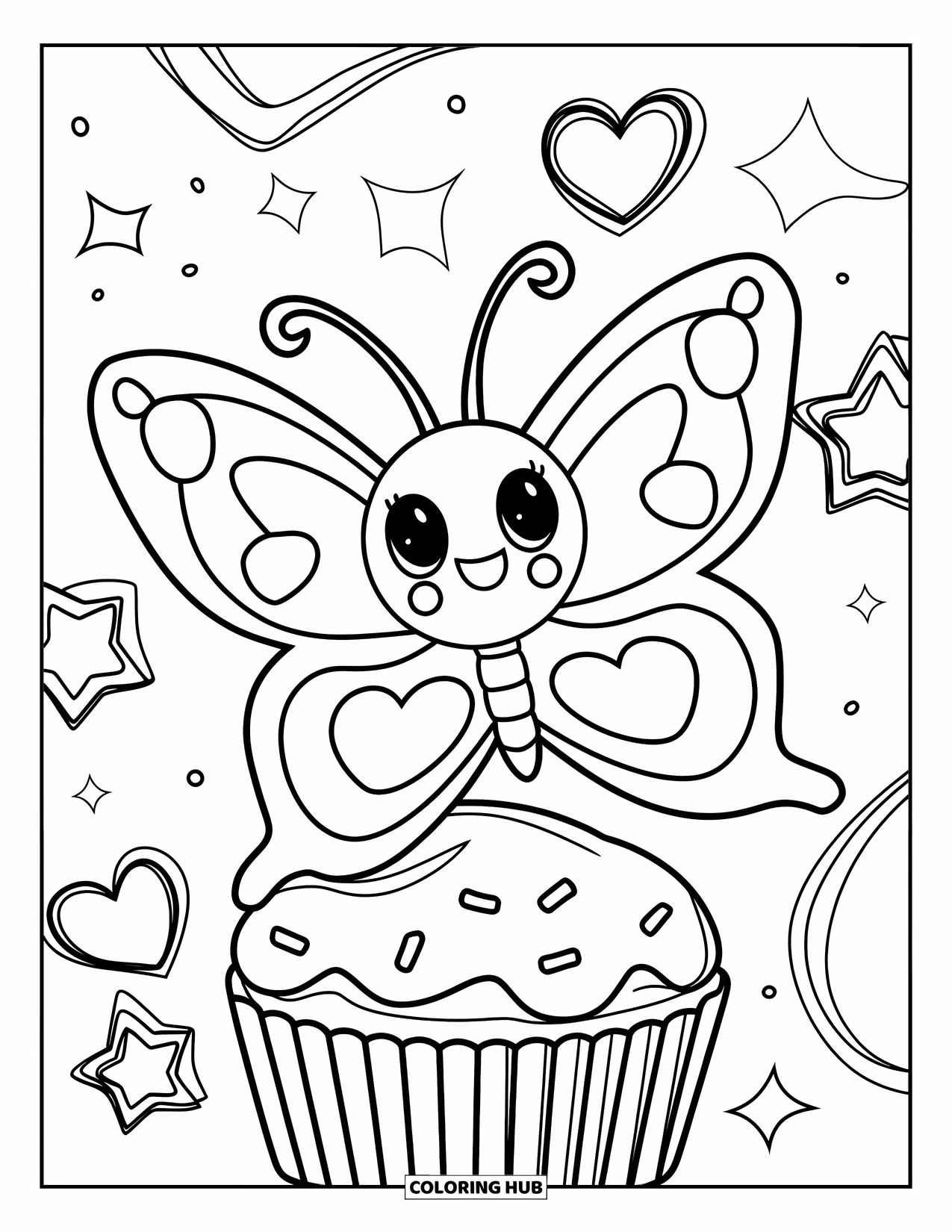 Butterfly Coloring Page for Adults: A heart-winged butterfly flying around a cupcake, surrounded by stars and hearts